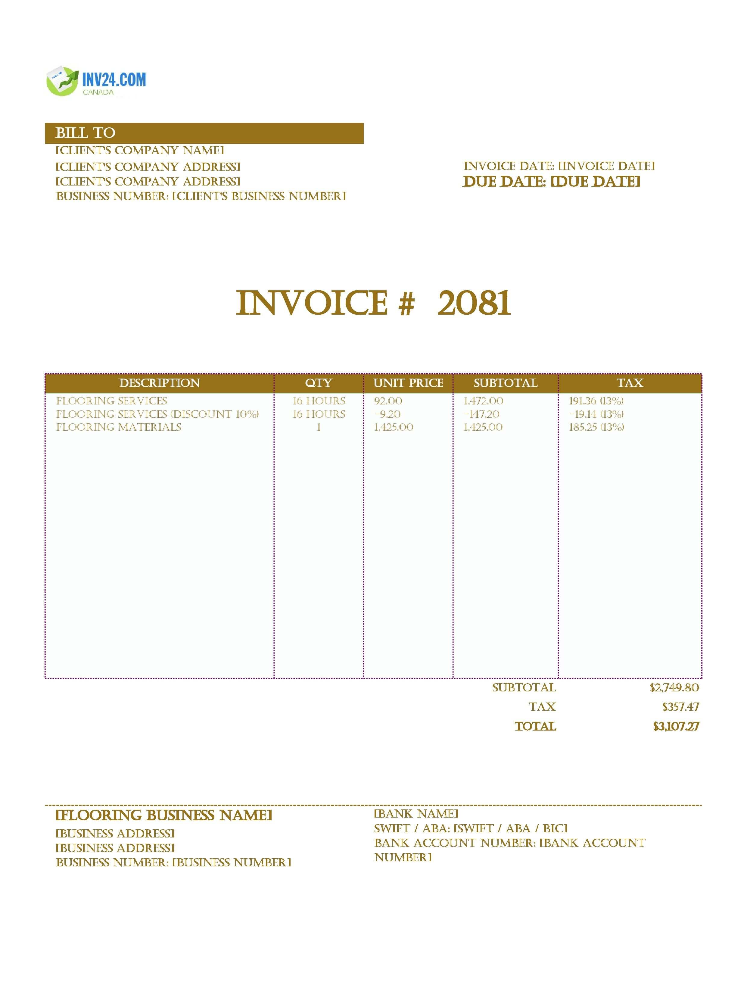 Flooring Invoice Template for Canada (Excel / Google Sheets)