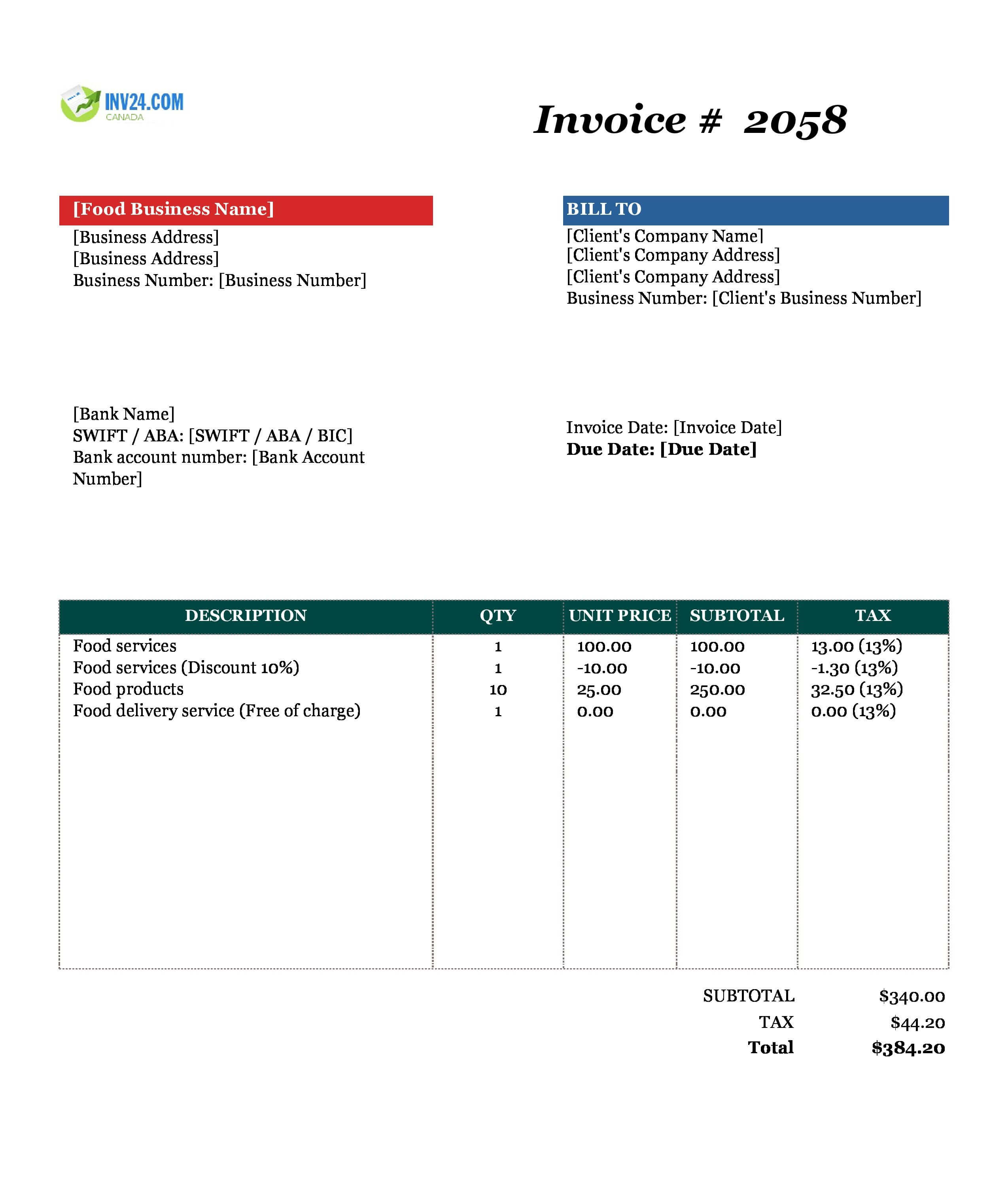 Food Invoice Template for Canada (Excel / Google Sheets)