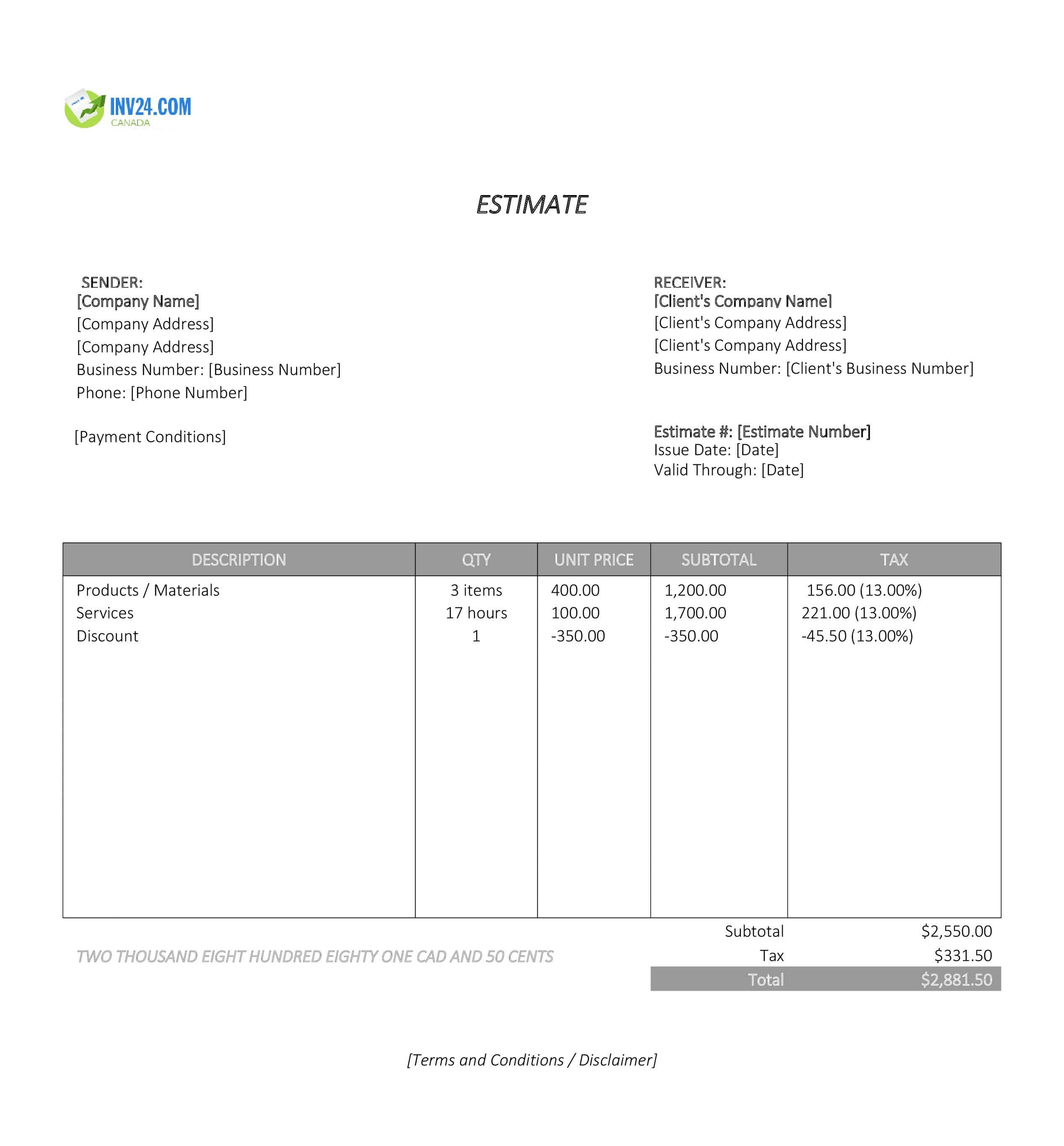 Formal Estimate Template for Canada (Excel / Google Sheets)