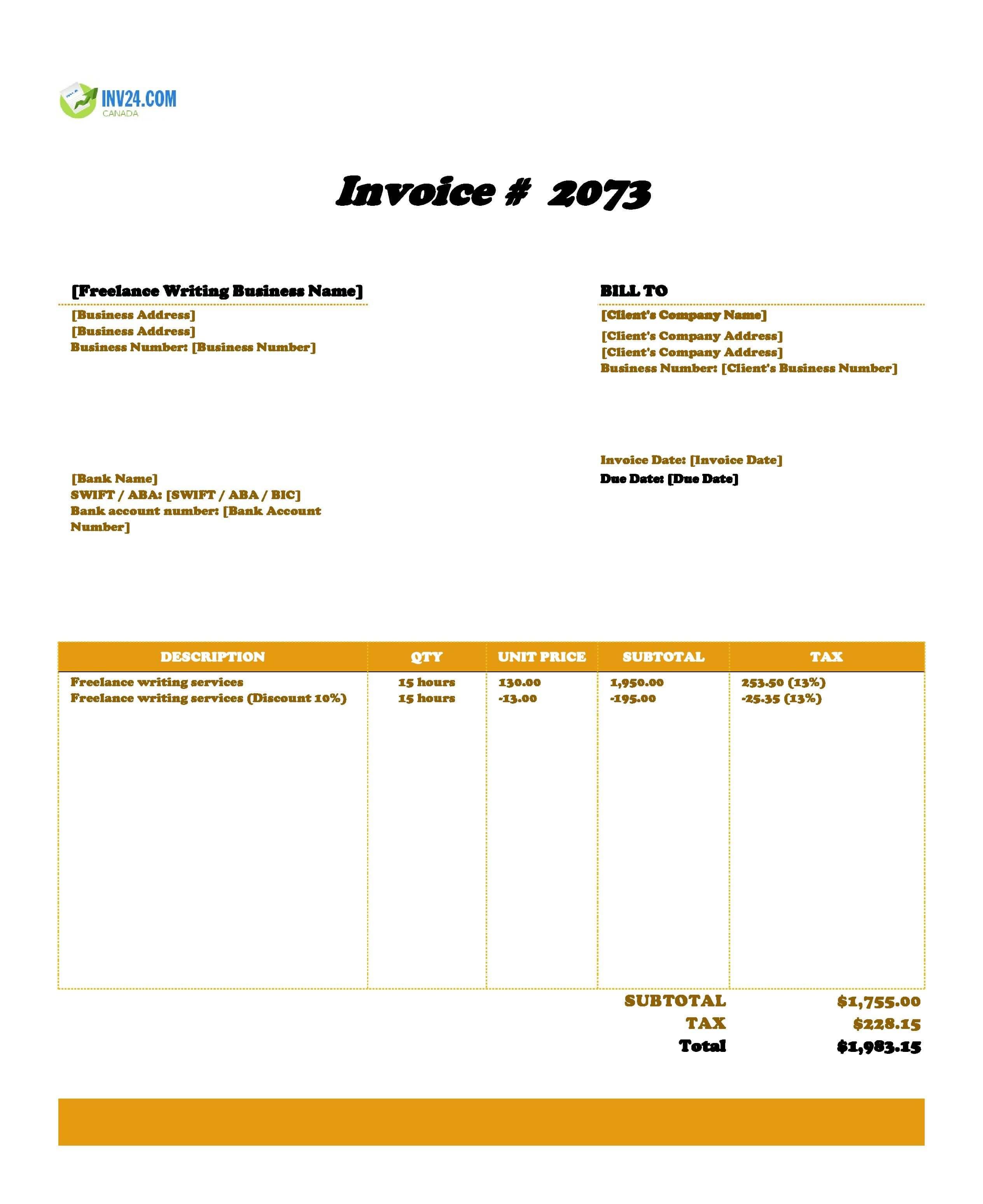 Freelance Writing Invoice Template for Canada (Excel / Google Sheets)