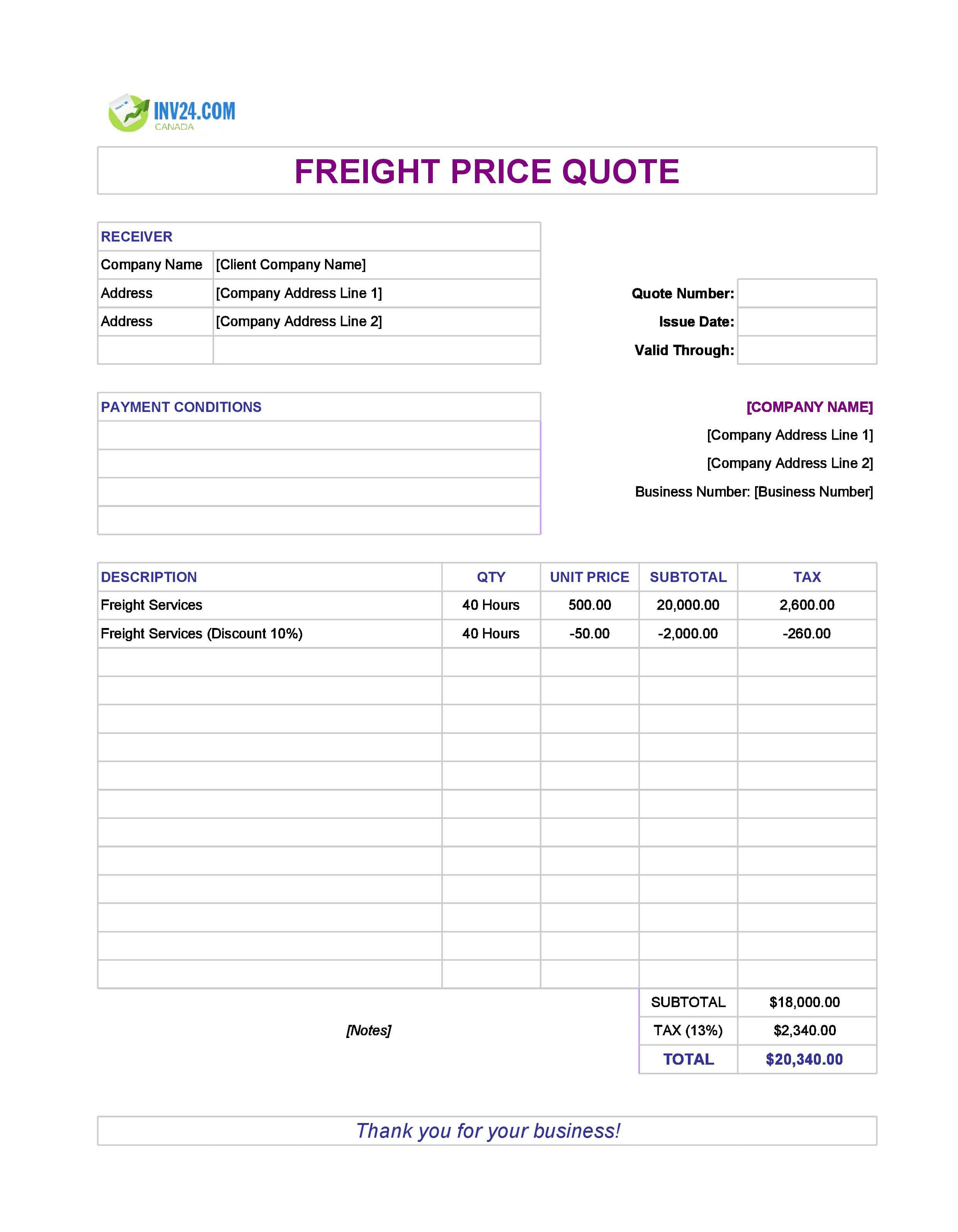 Freight Quote Template for Canada (Excel / Google Sheets)
