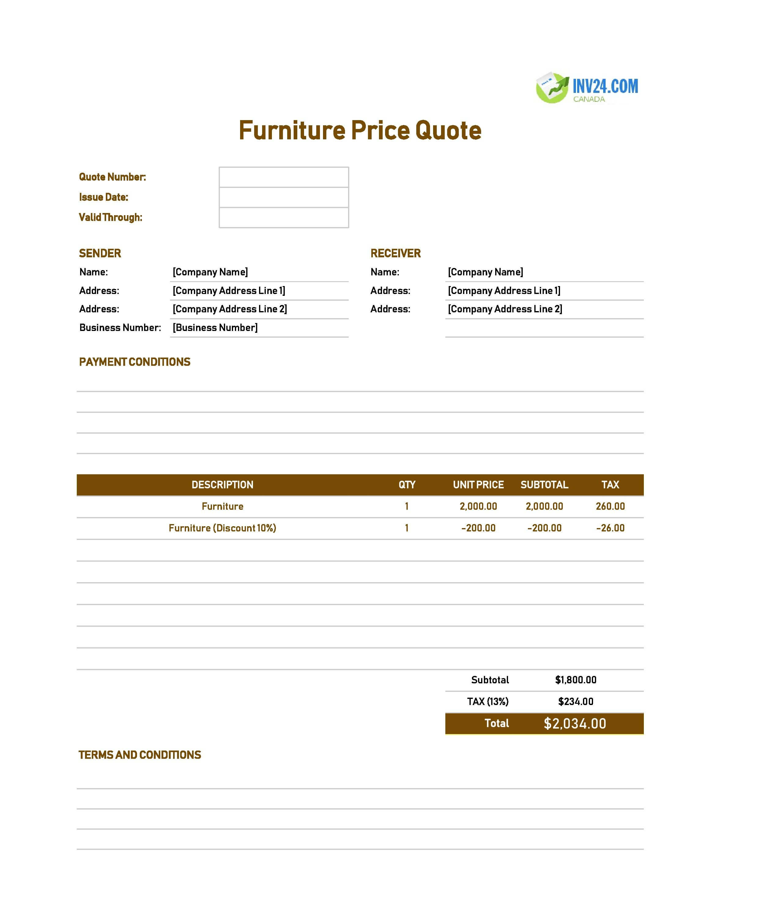 Furniture Quote Template for Canada (Excel / Google Sheets)