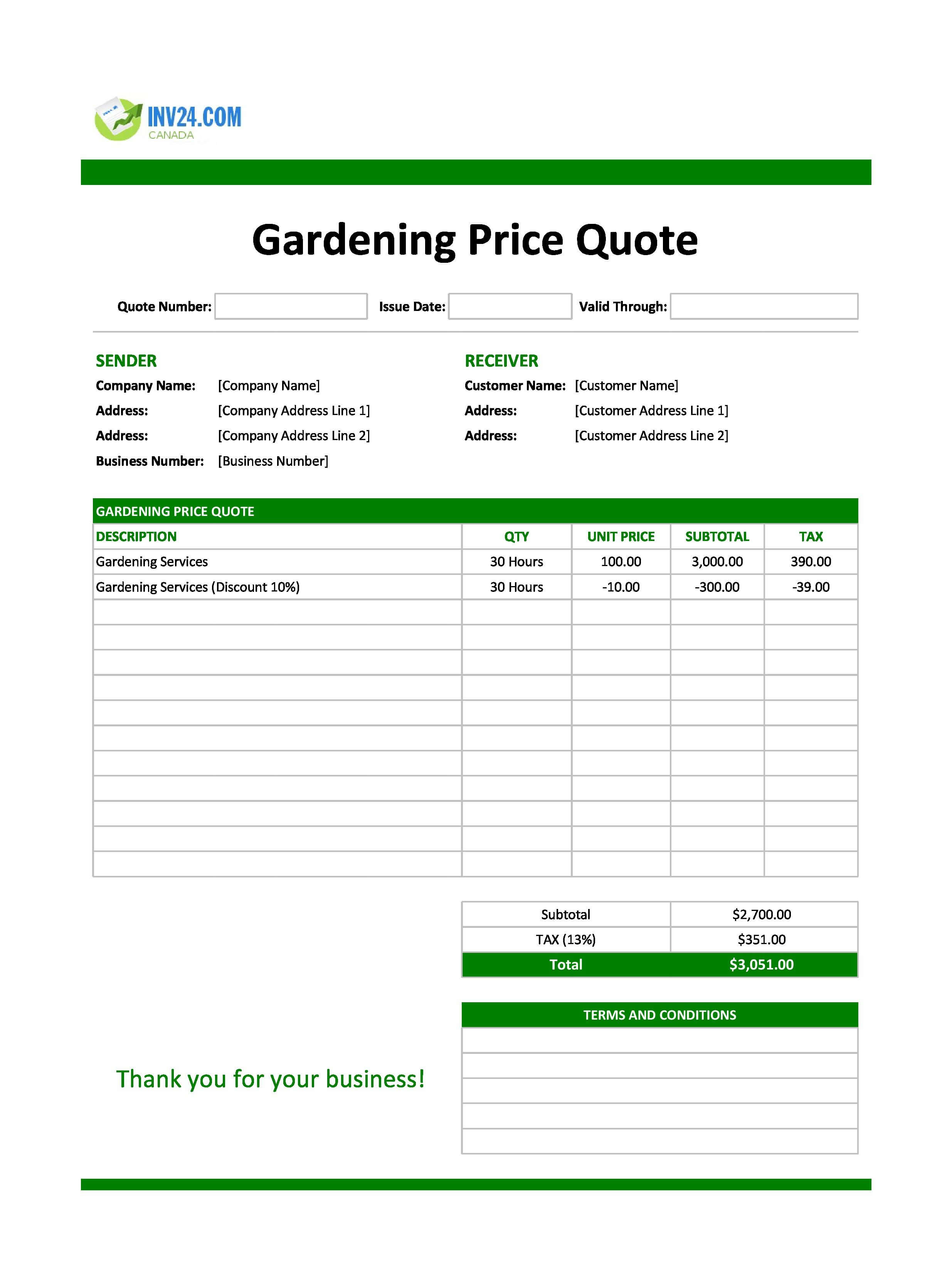 Gardening Quote Template for Canada (Excel / Google Sheets)