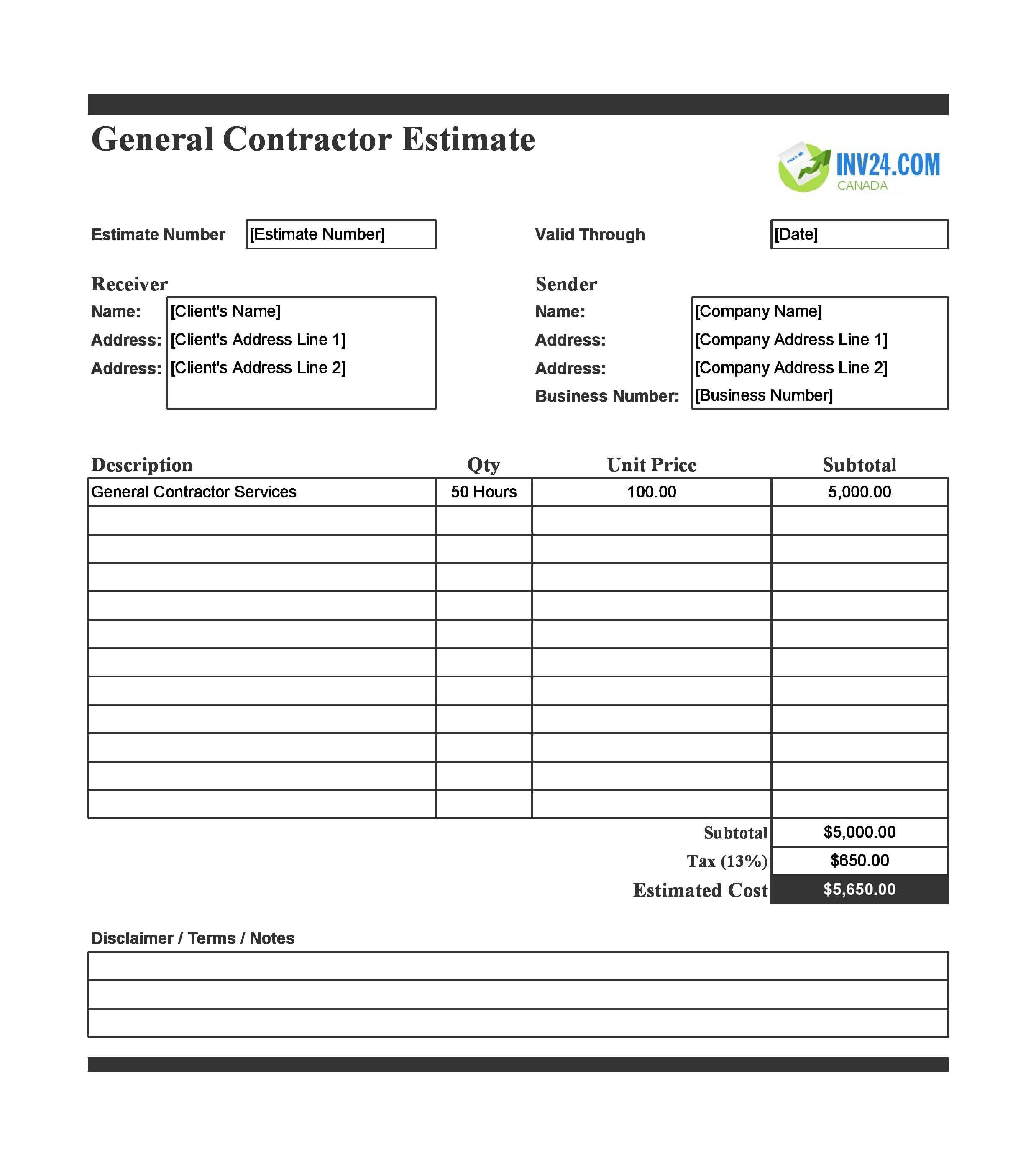 General Contractor Estimate Template for Canada (Excel / Google Sheets)