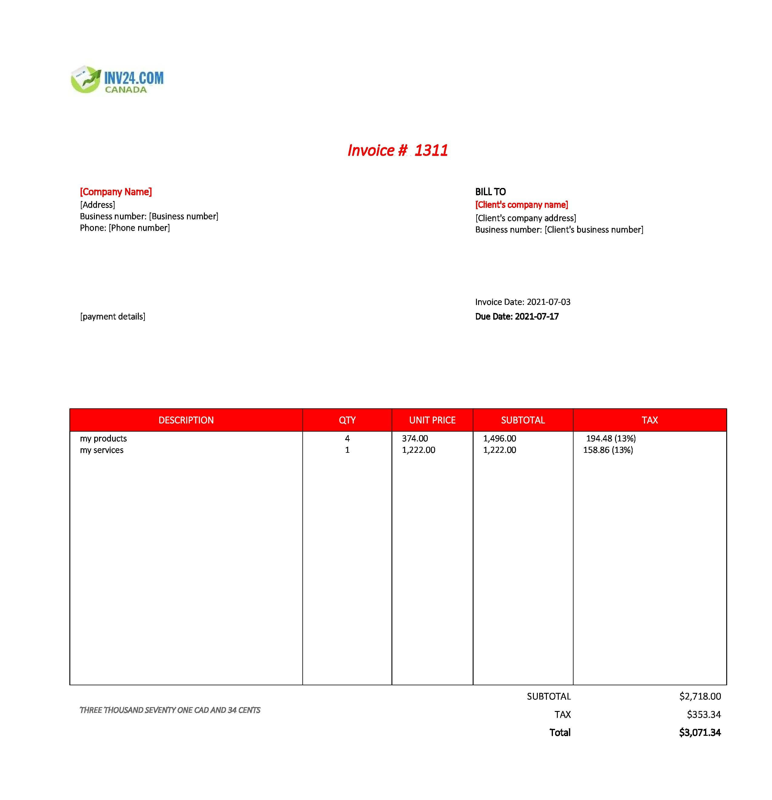 Generic Invoice Template Canada (Excel / Google Sheets)
