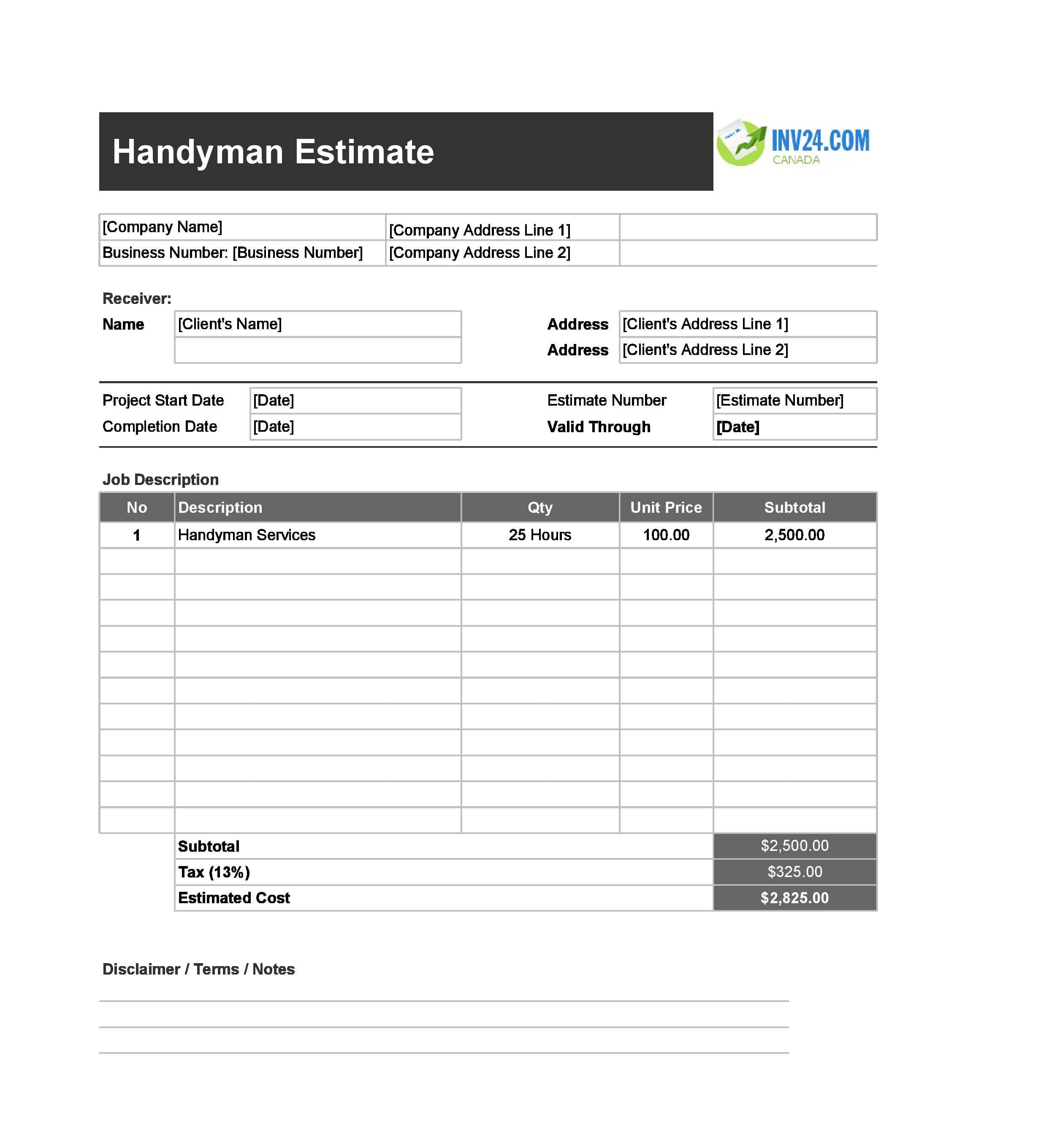 Handyman Estimate Template for Canada (Excel / Google Sheets)