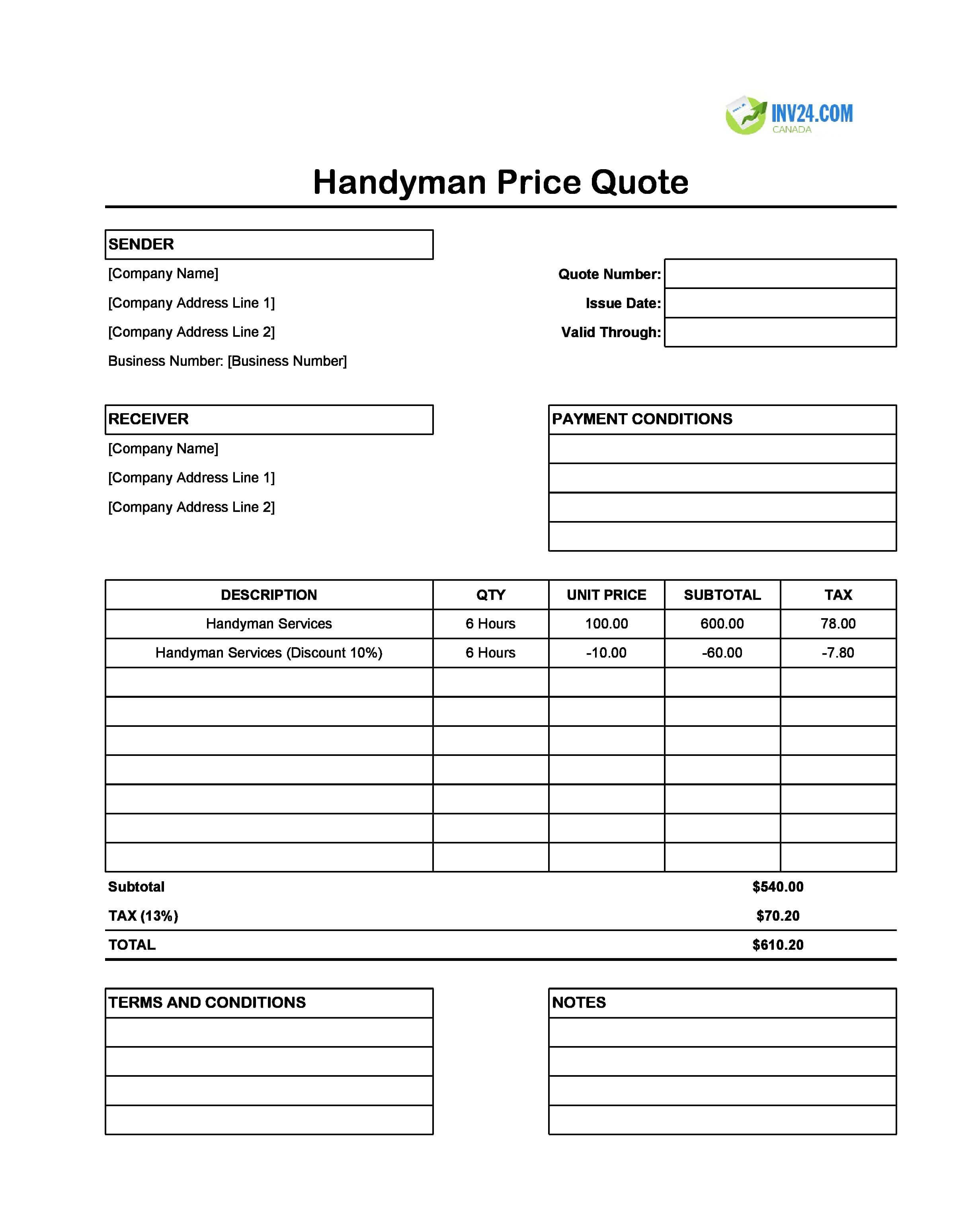 Handyman Quote Template for Canada (Excel / Google Sheets)