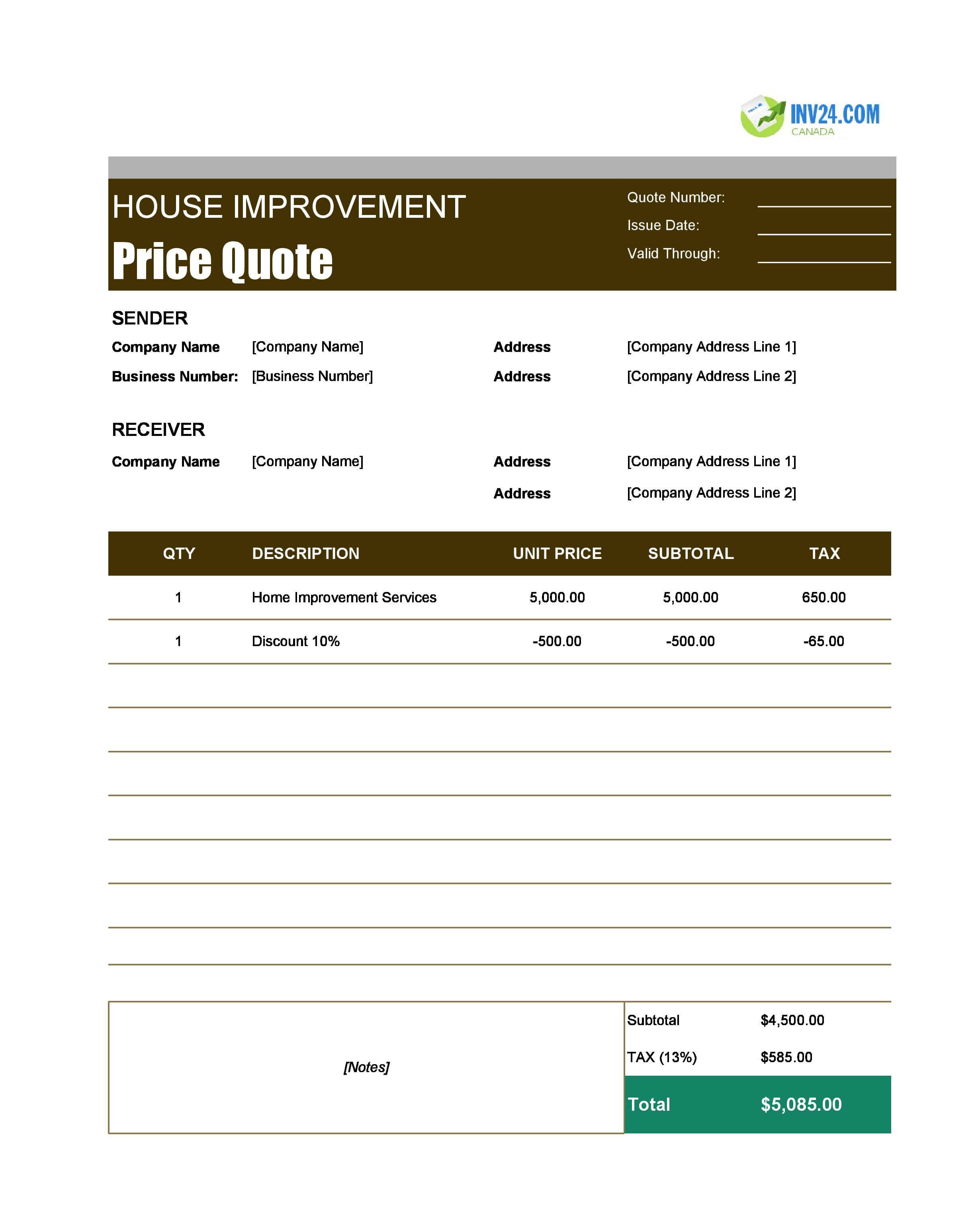 Home Improvement Quote Template for Canada (Excel / Google Sheets)