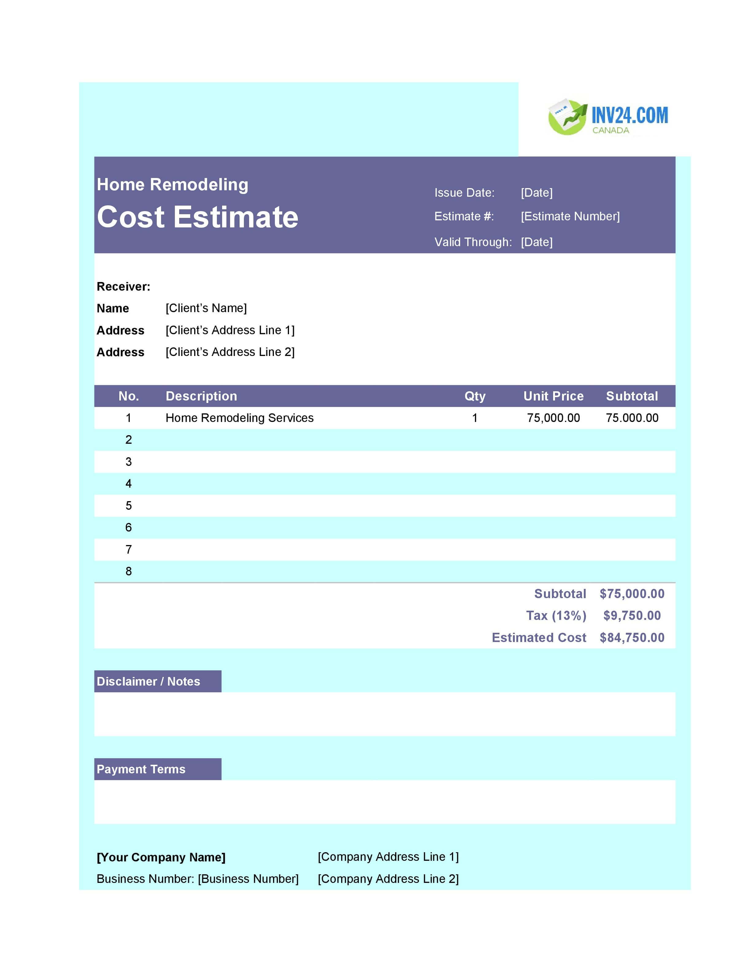 Home Remodeling Cost Estimate Template for Canada (Excel / Google Sheets)
