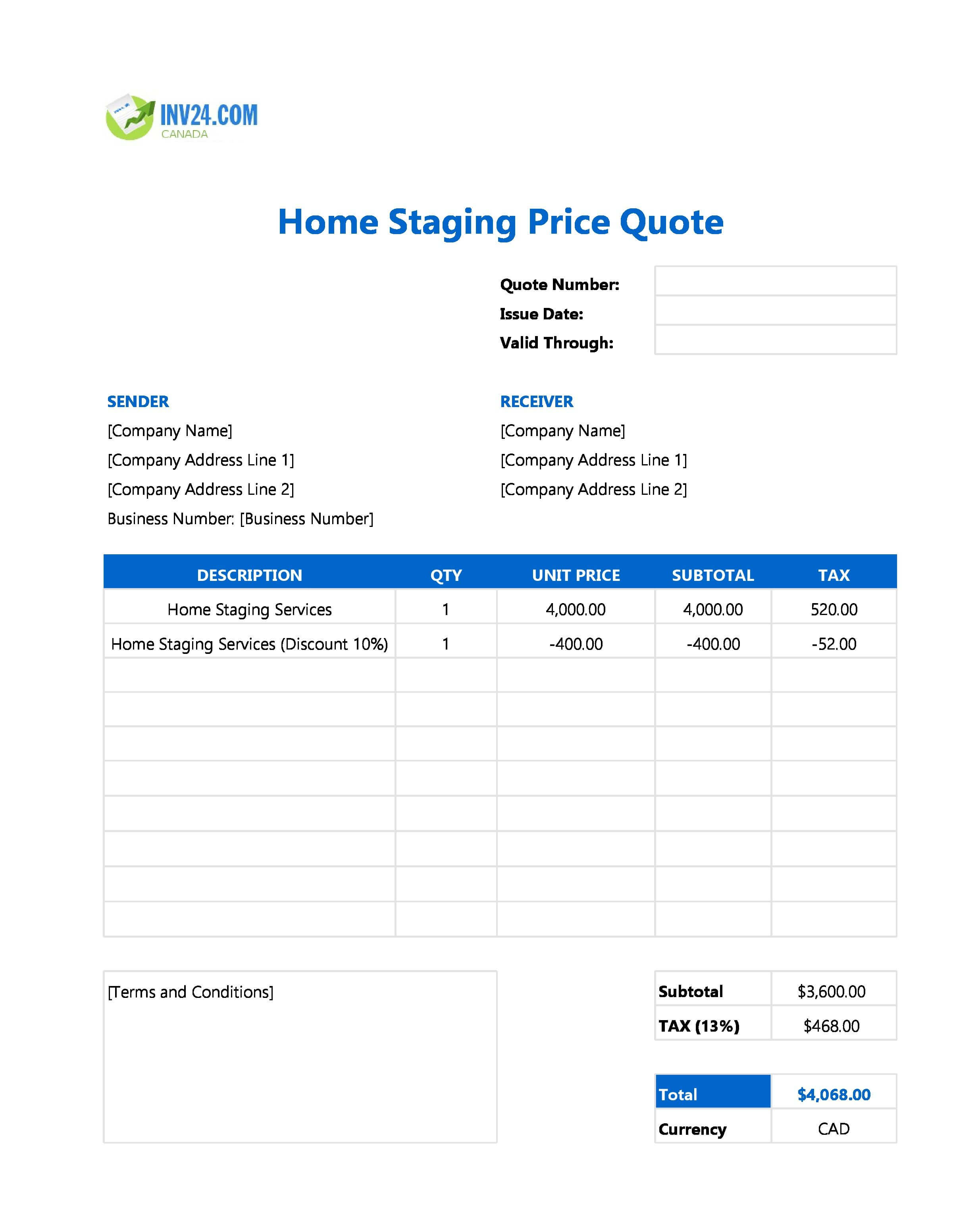 Home Staging Quote Template for Canada (Excel / Google Sheets)