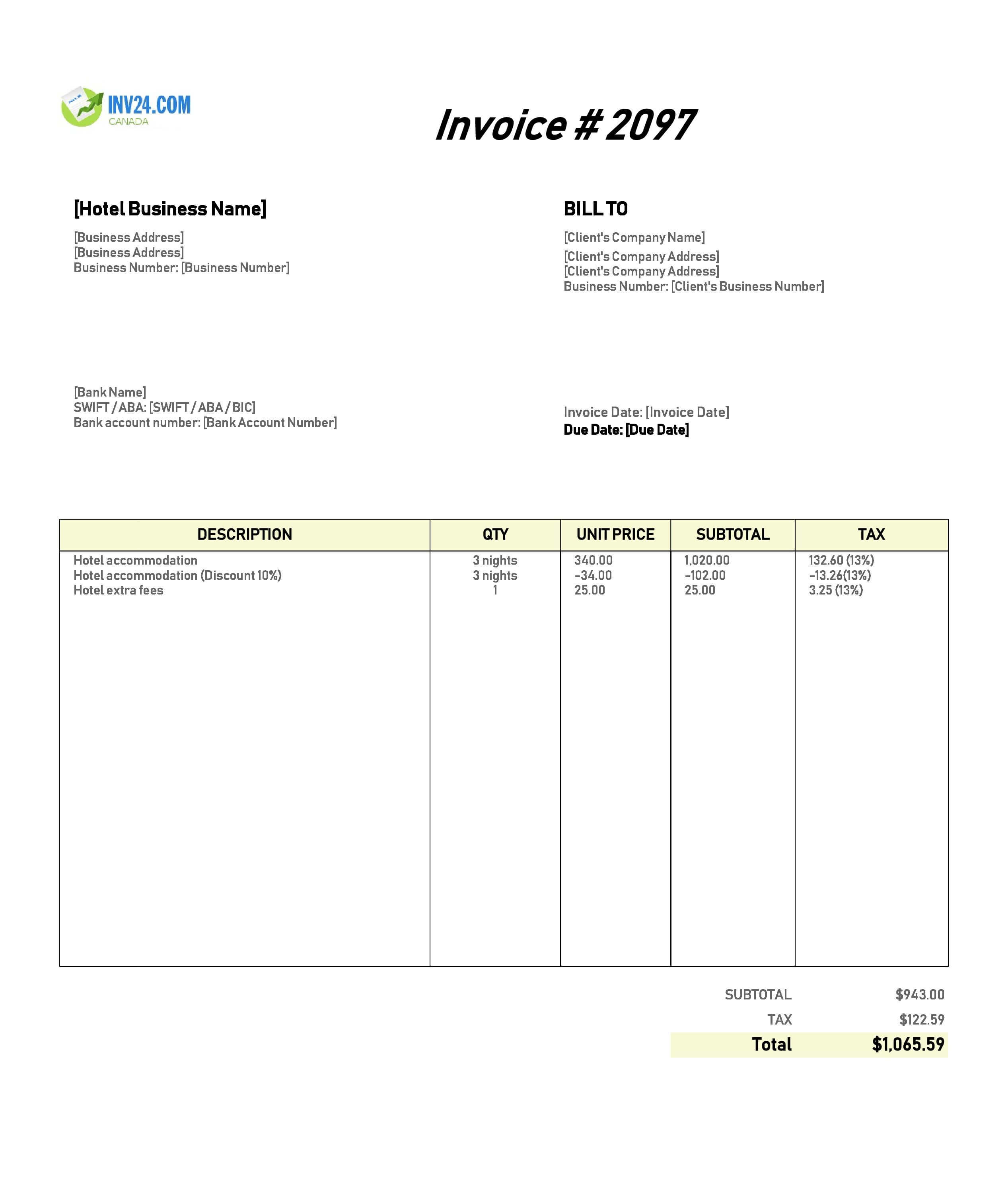 Hotel Invoice Template for Canada (Excel / Google Sheets)
