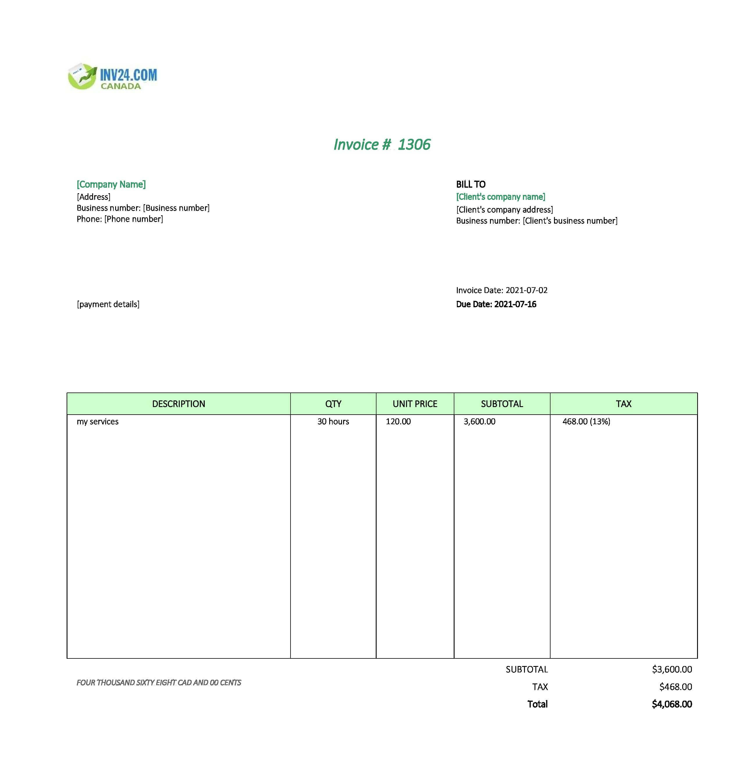 Hourly Invoice Template Canada (Excel / Google Sheets)