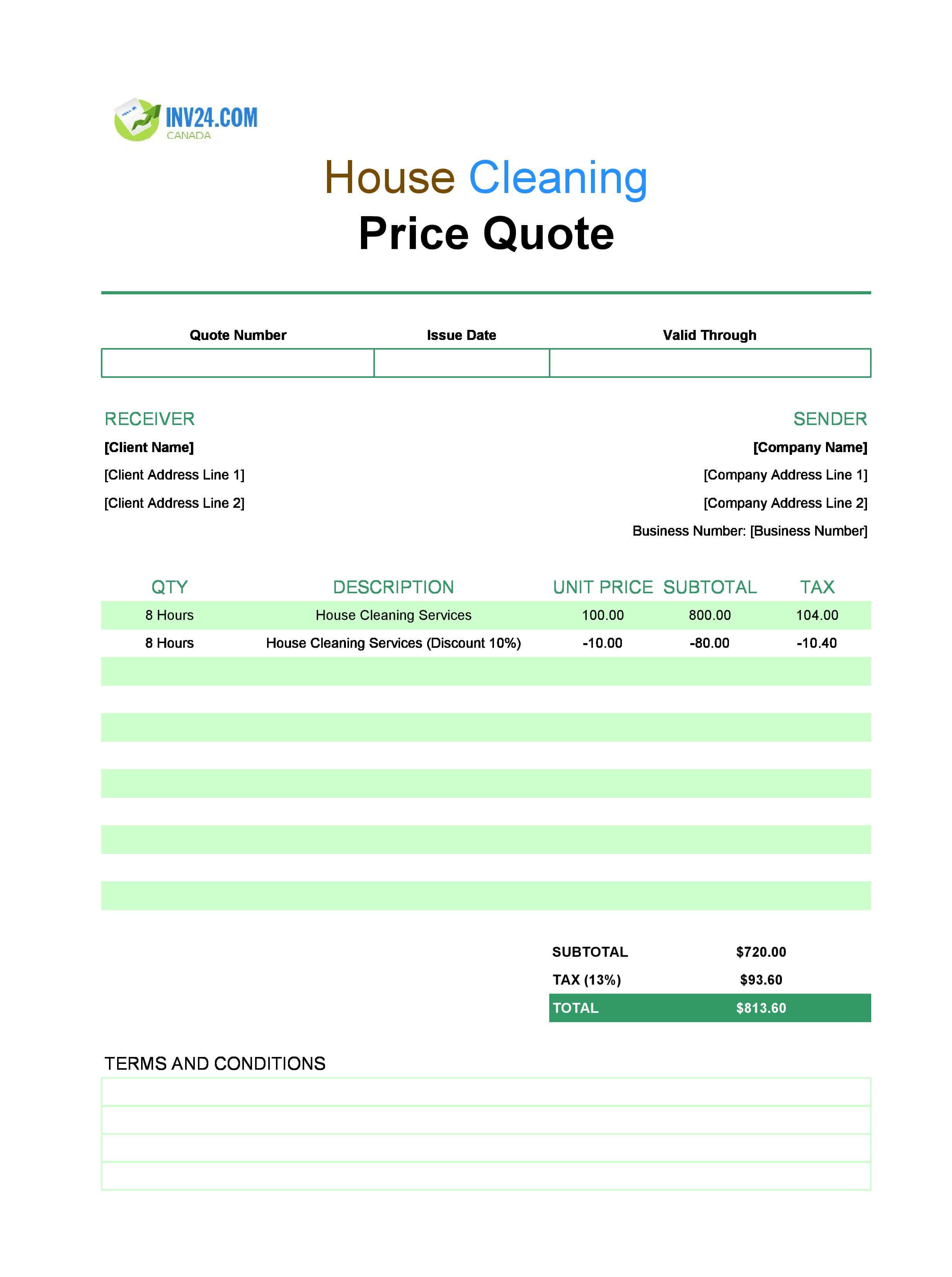 House Cleaning Quote Template for Canada (Excel / Google Sheets)