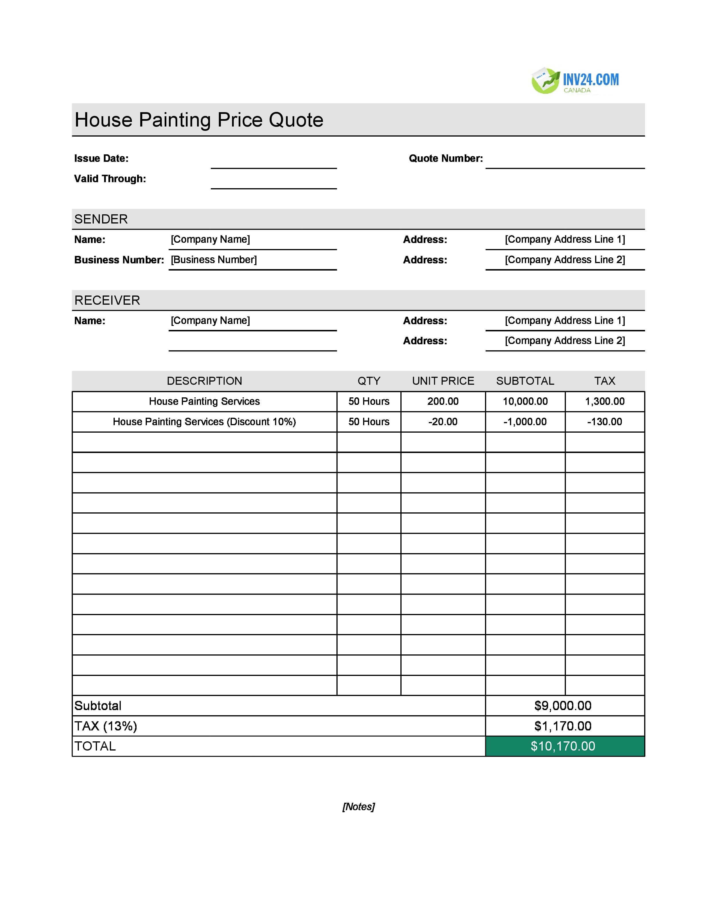 House Painting Quote Template for Canada (Excel / Google Sheets)