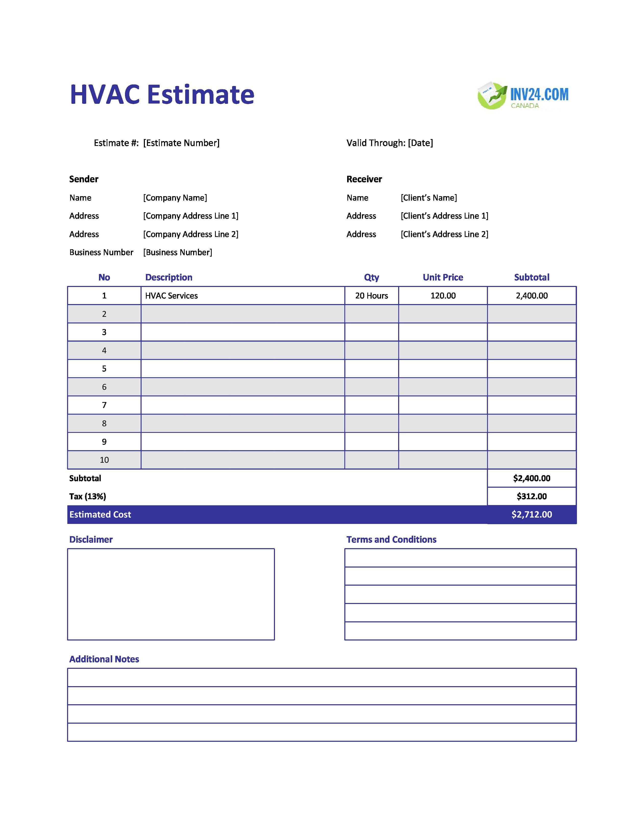 HVAC Estimate Template for Canada (Excel / Google Sheets)
