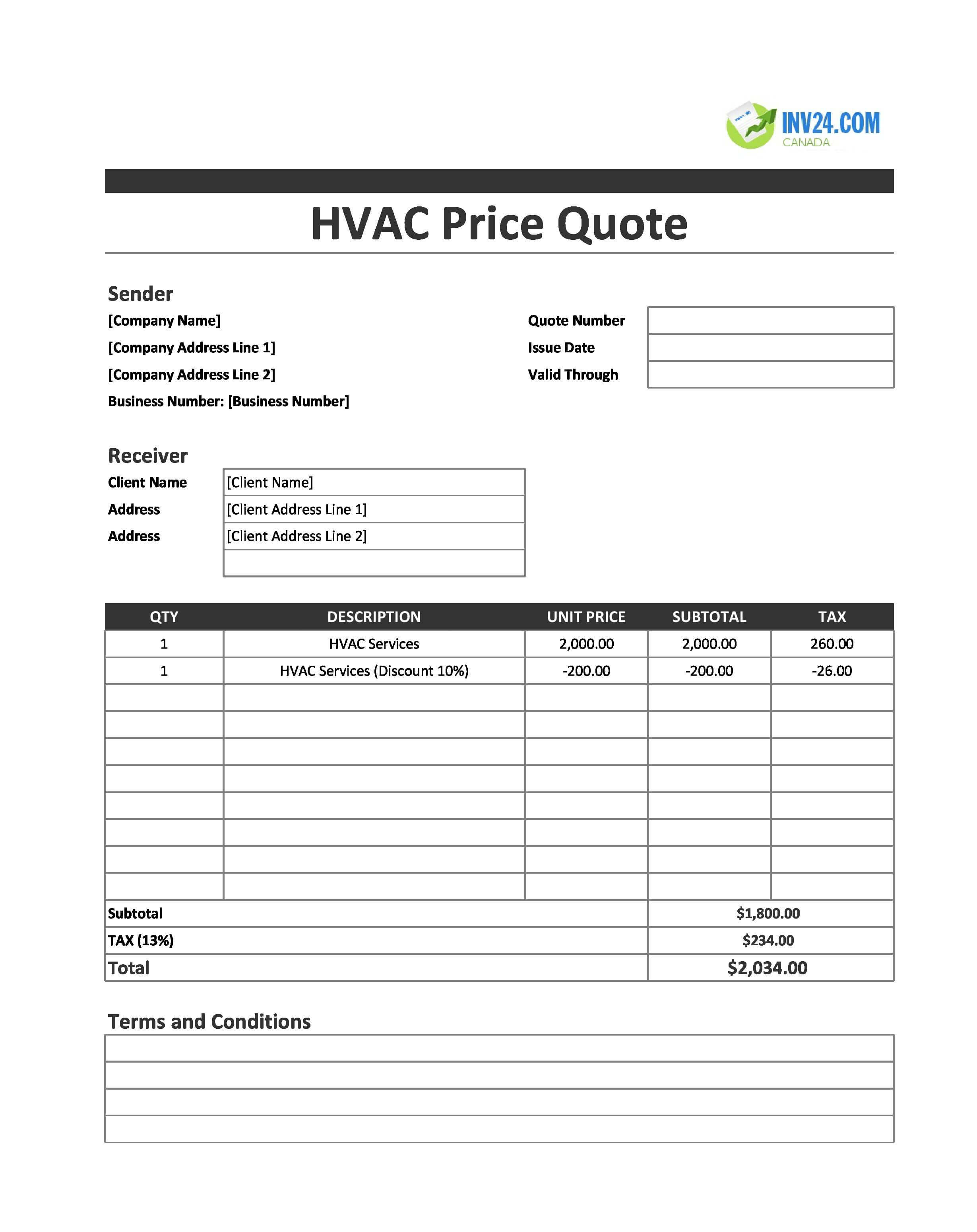 HVAC Quote Template for Canada (Excel / Google Sheets)