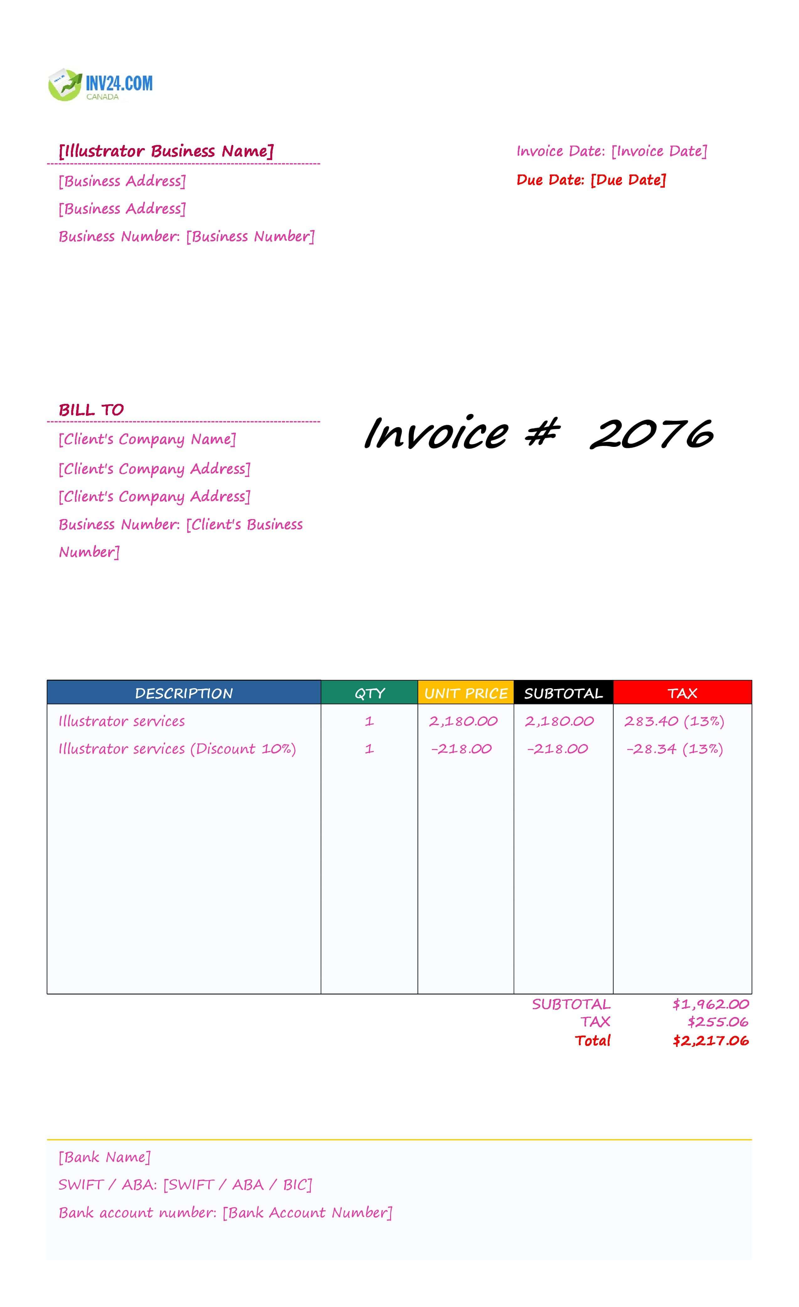 Illustrator Invoice Template for Canada (Excel / Google Sheets)
