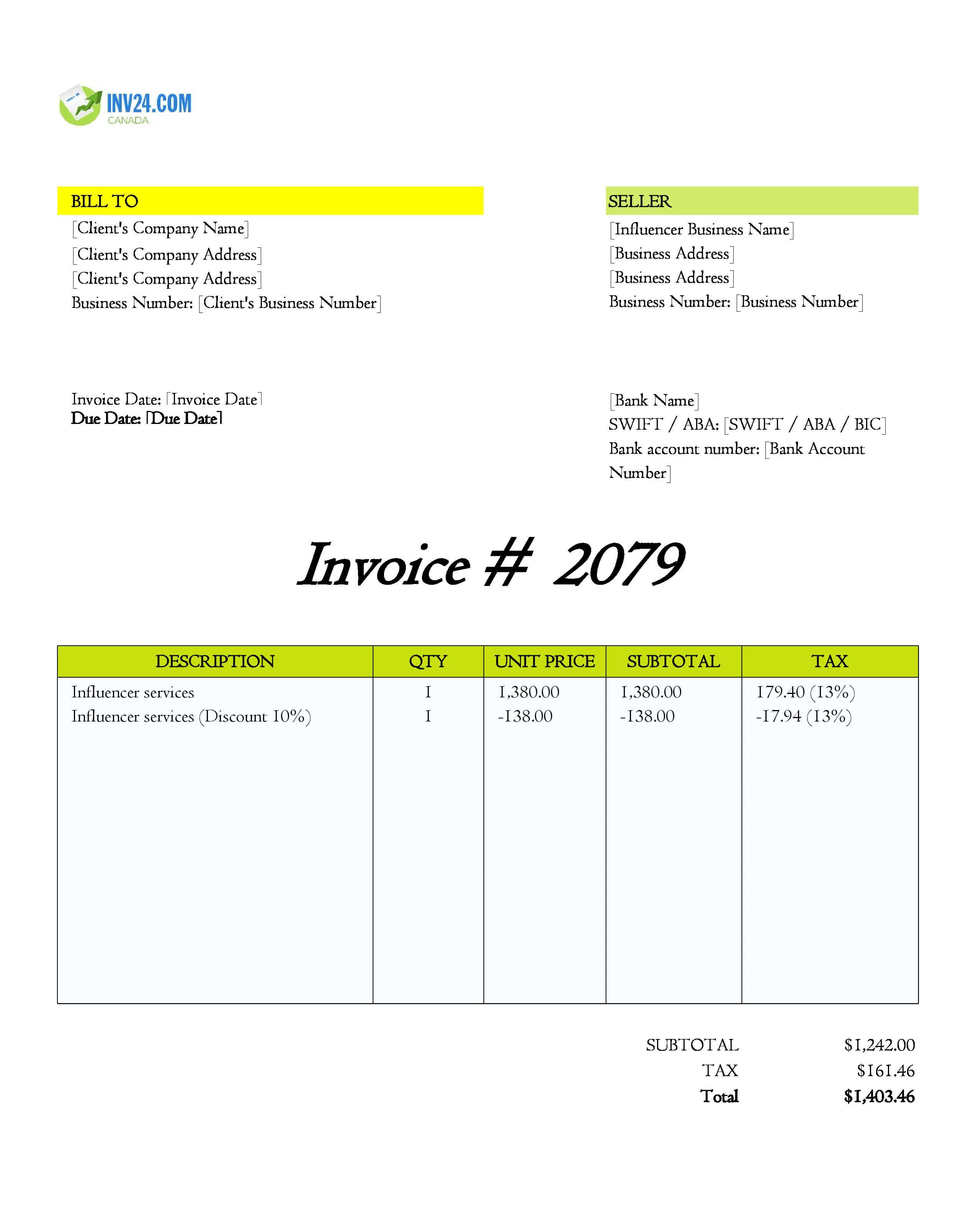 Influencer Invoice Template for Canada (Excel / Google Sheets)