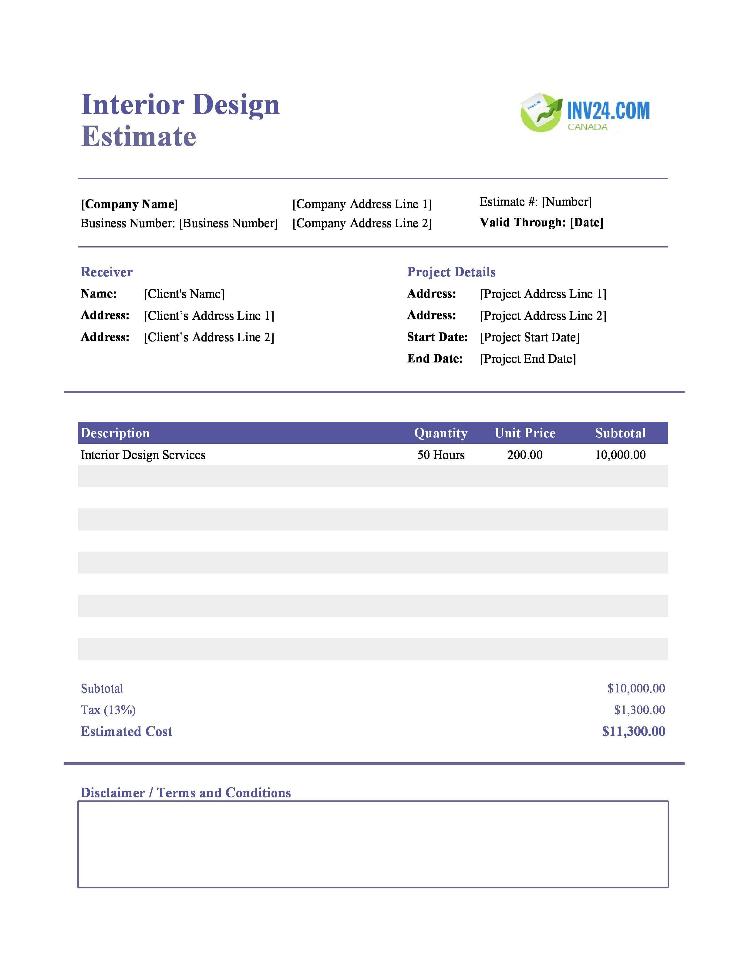 Interior Design Estimate Template for Canada (Excel / Google Sheets)