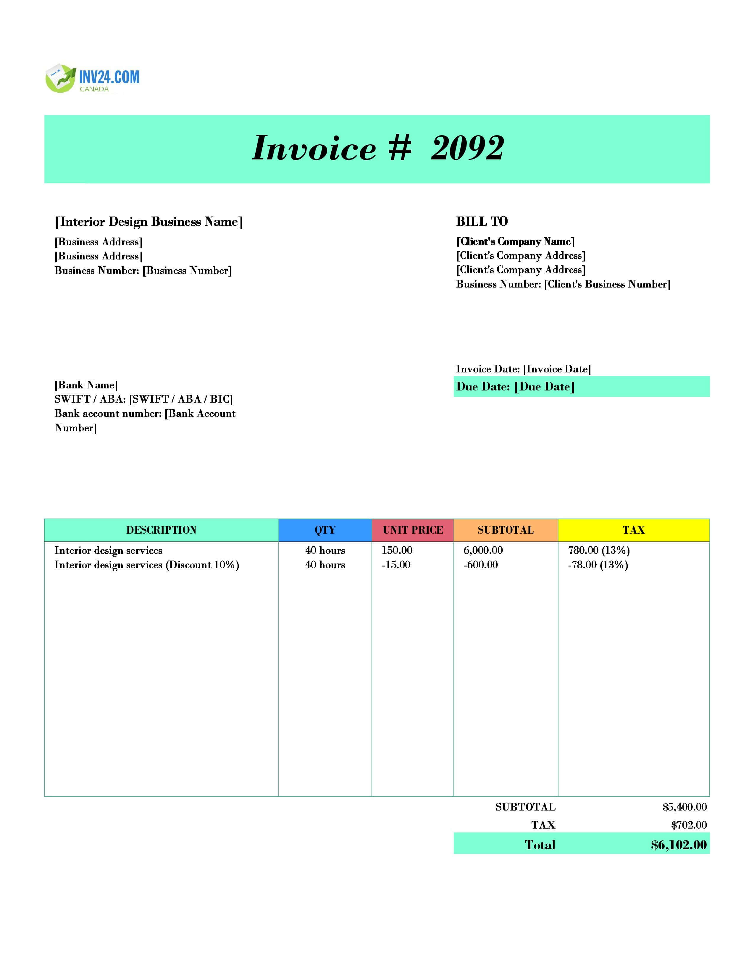 Interior Design Invoice Template for Canada (Excel / Google Sheets)