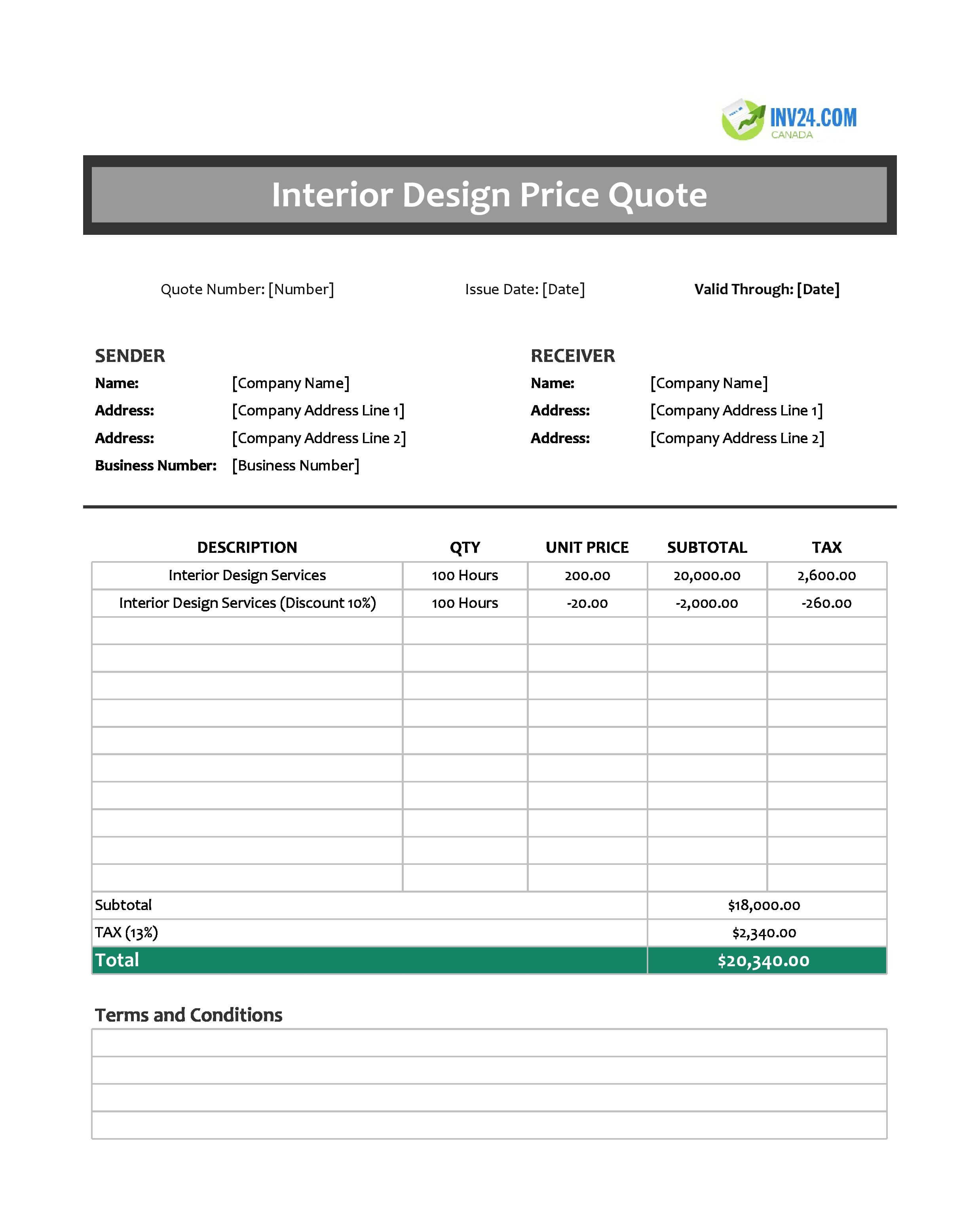 Interior Design Quote Template for Canada (Excel / Google Sheets)