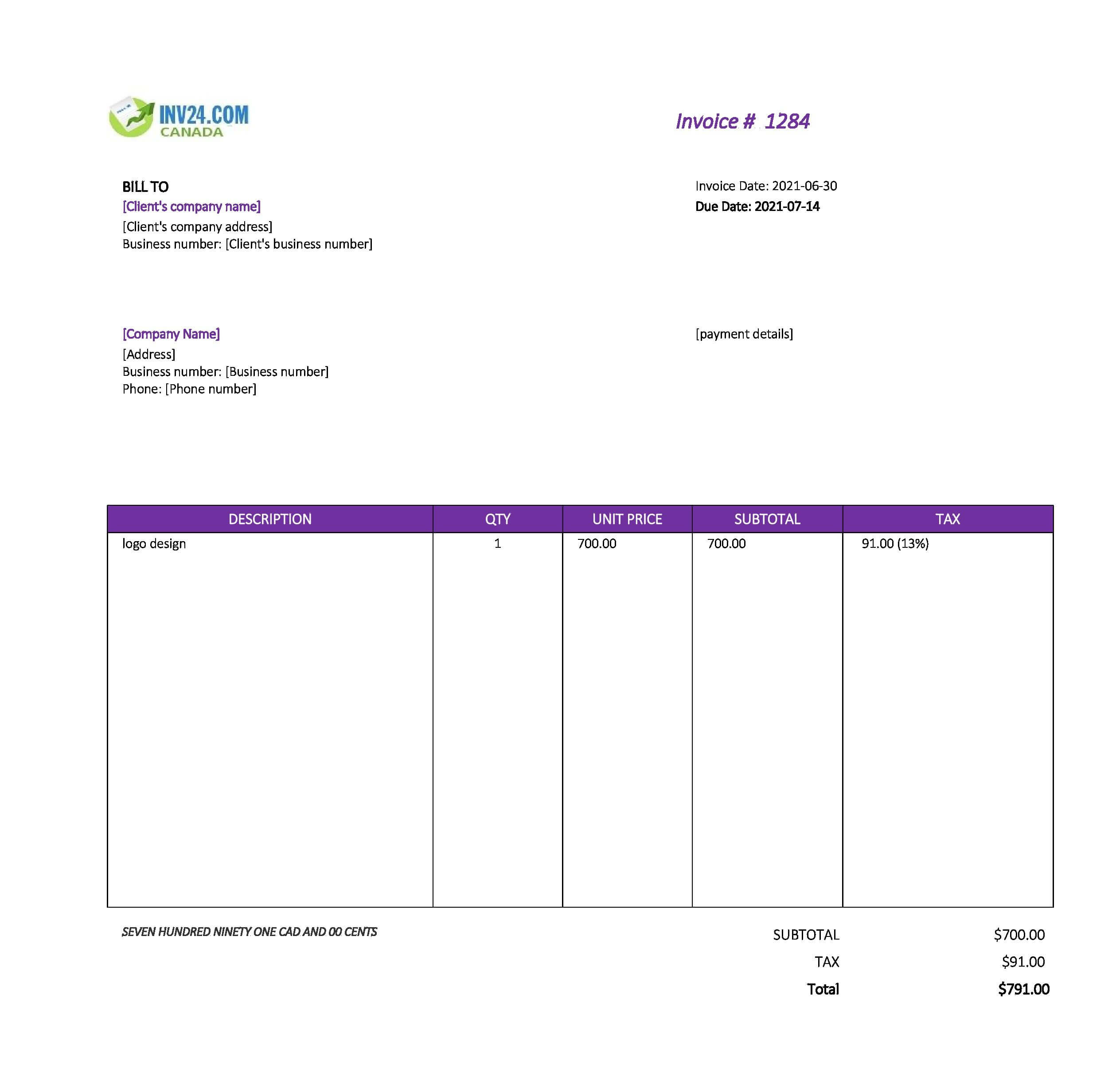Invoice Design Template Canada (Excel / Google Sheets)