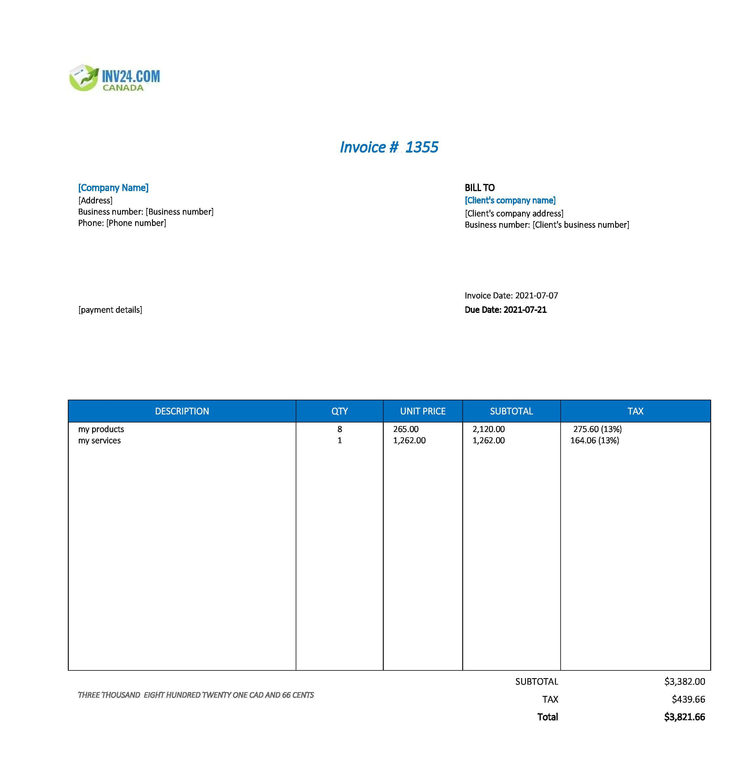 Invoice Form Template Canada (Excel / Google Sheets)