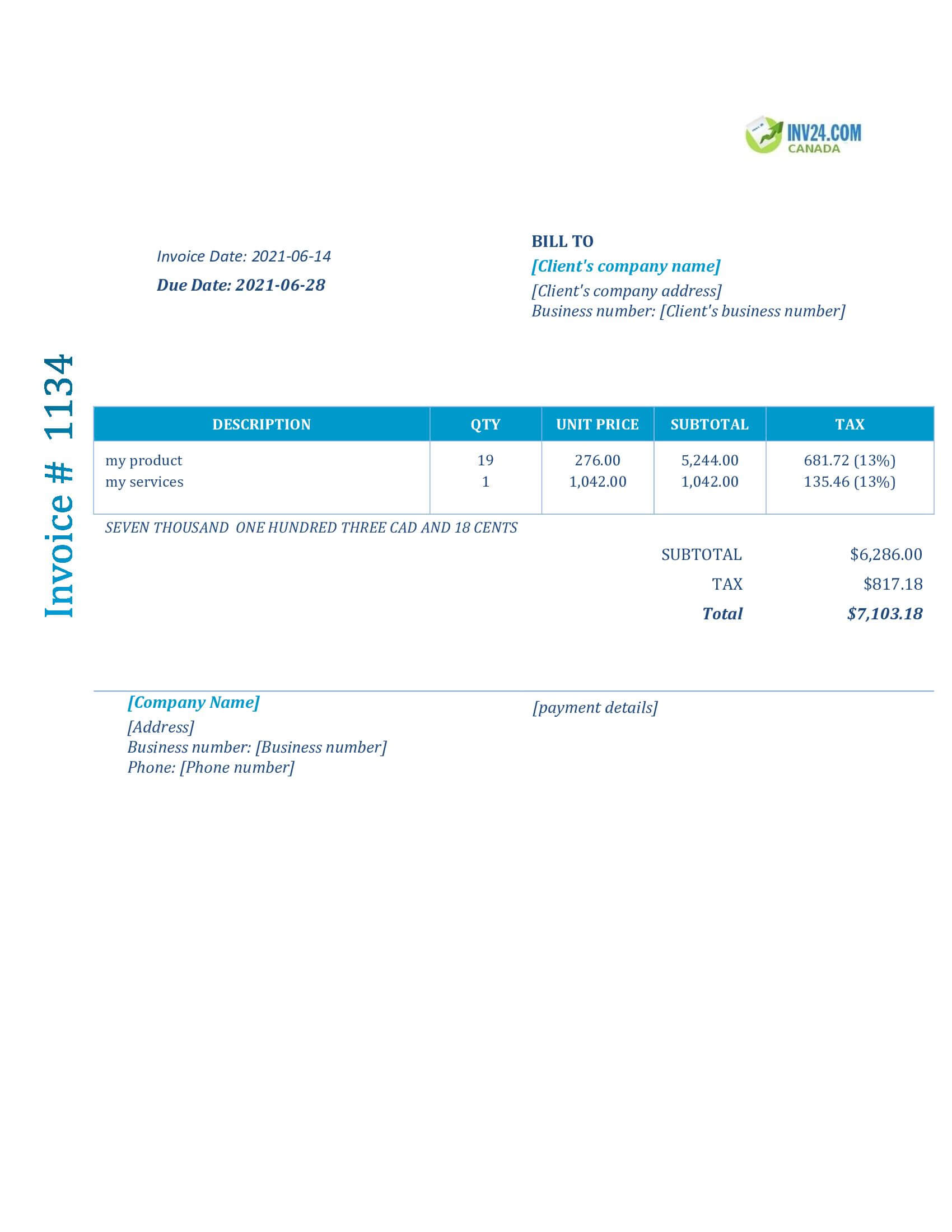 Invoice Format Canada (Word / Google Docs)