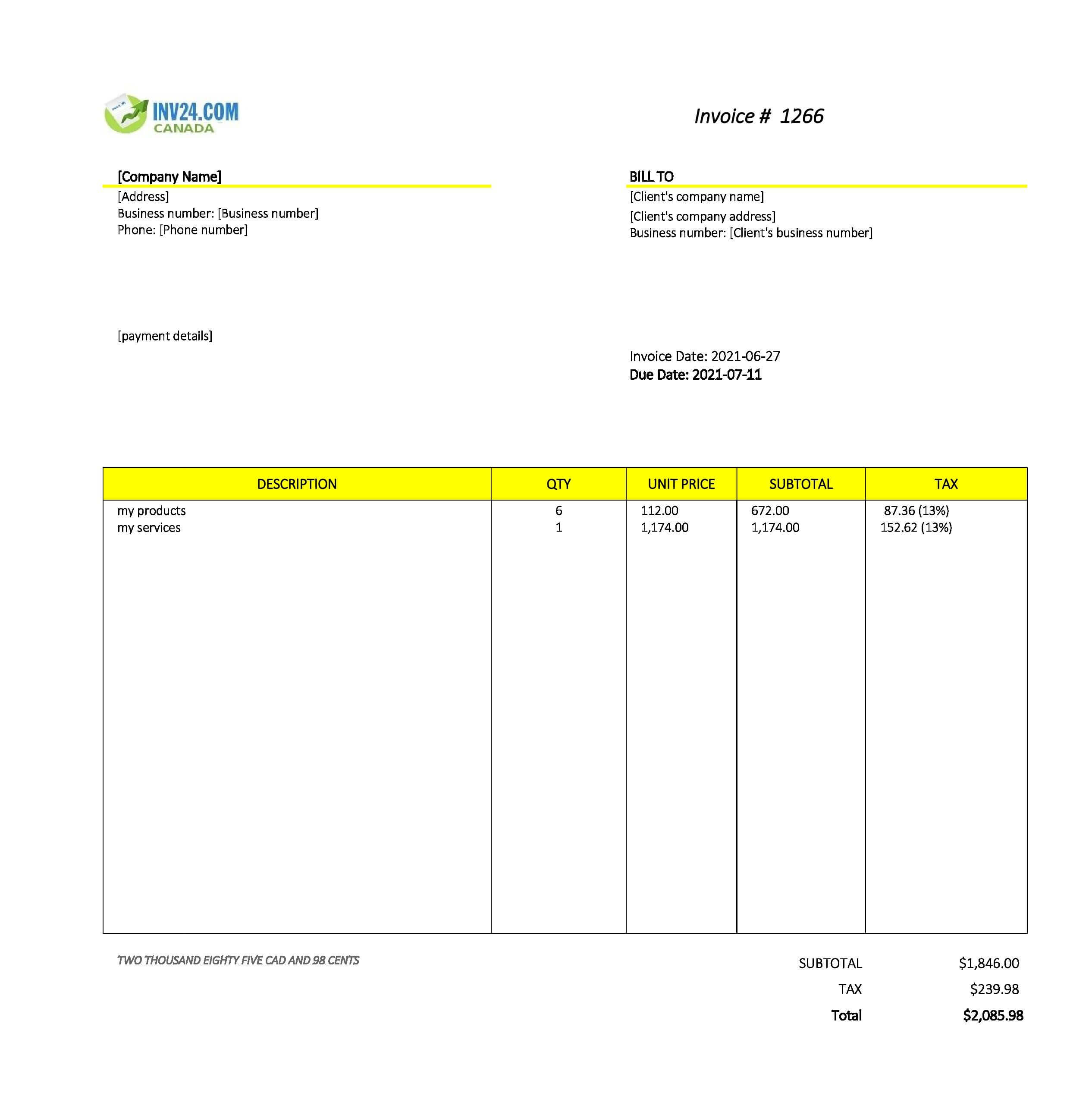 Invoice Layout Canada (Excel / Google Sheets)
