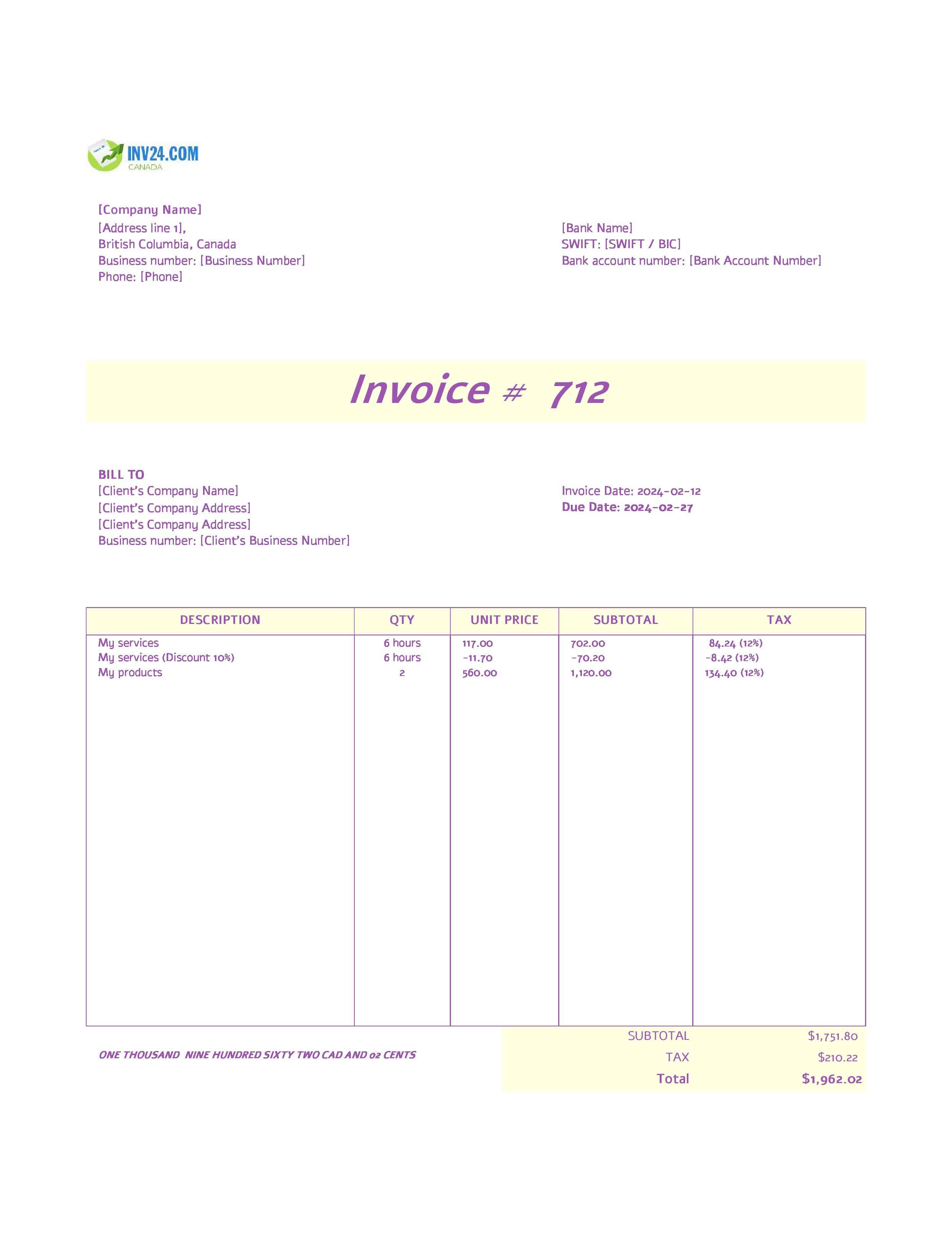 Invoice Template BC Canada (Excel / Google Sheets)