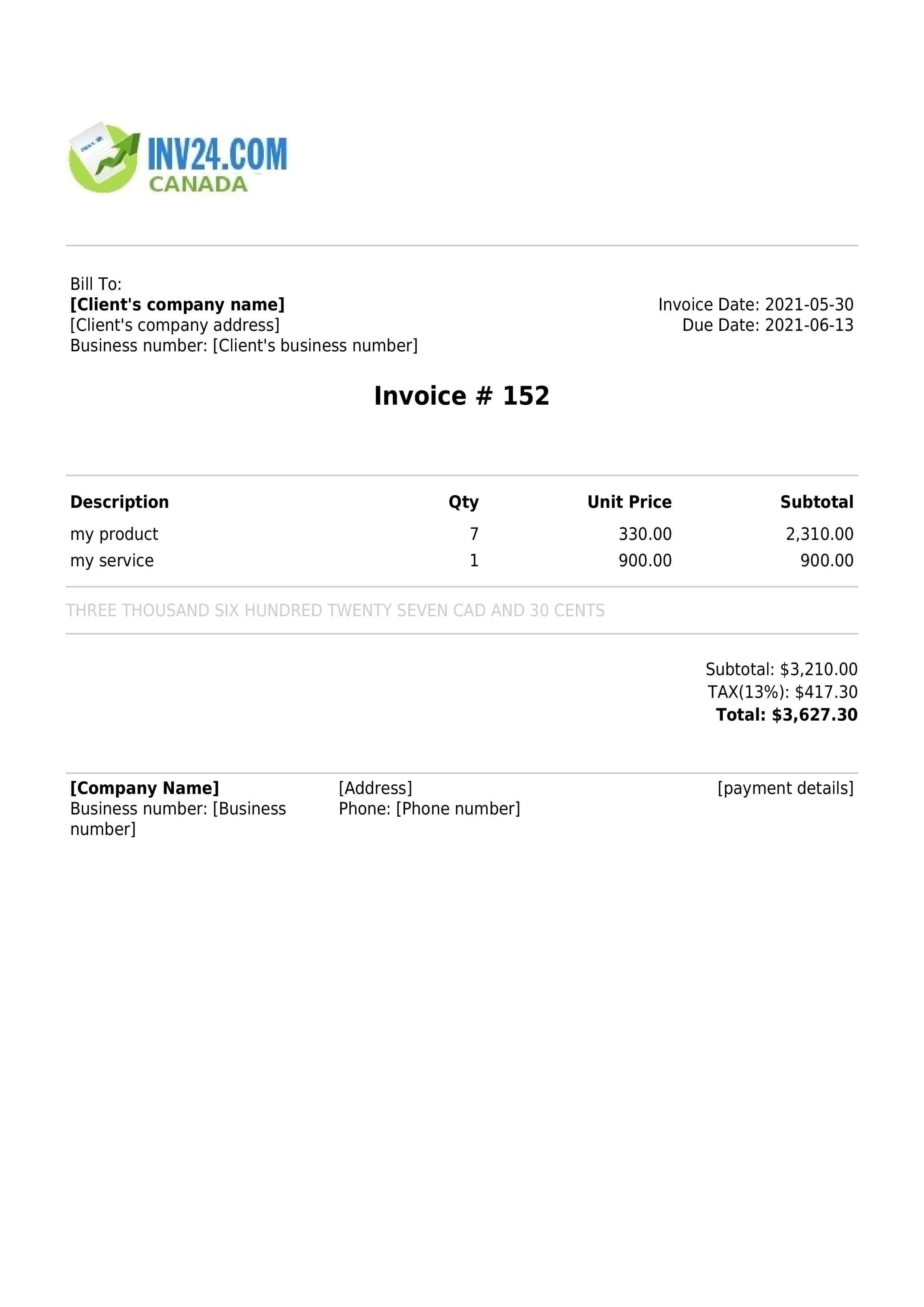 A Canadian invoice sample with mandatory and optional fields