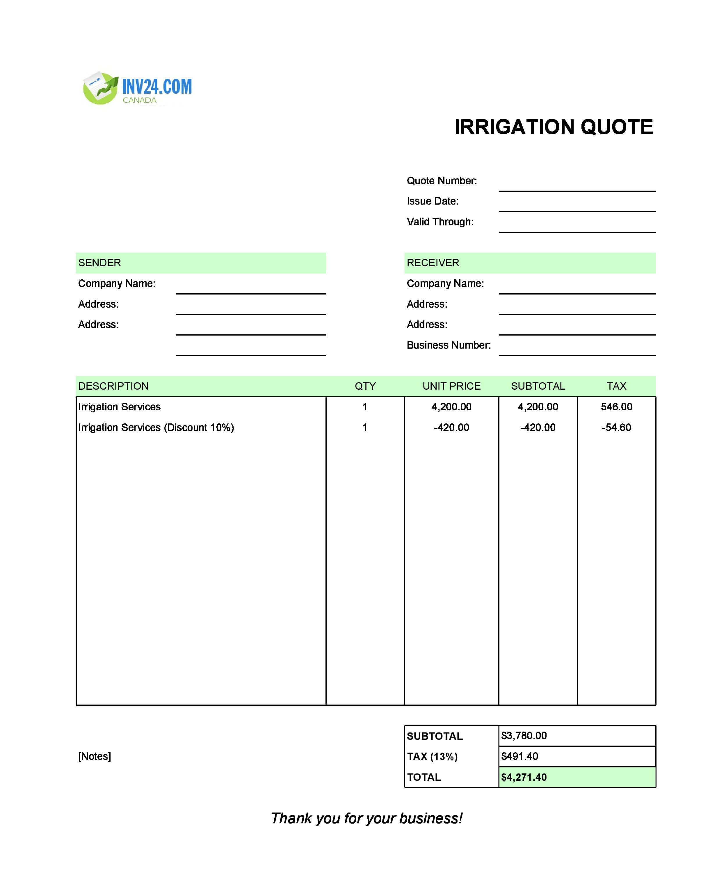 Irrigation Quote Template for Canada (Excel / Google Sheets)