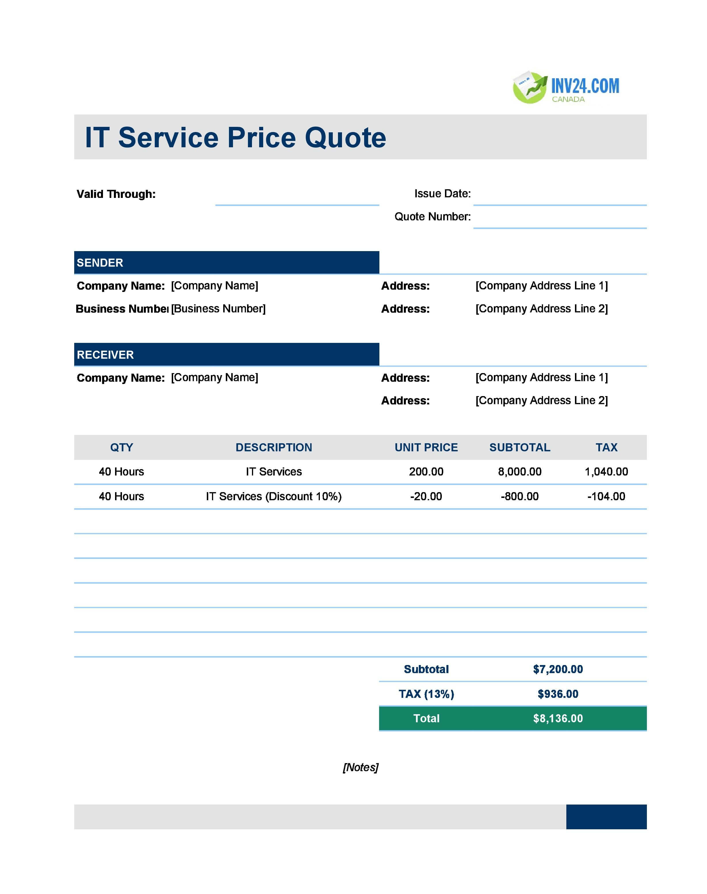 IT Quote Template for Canada (Excel / Google Sheets)