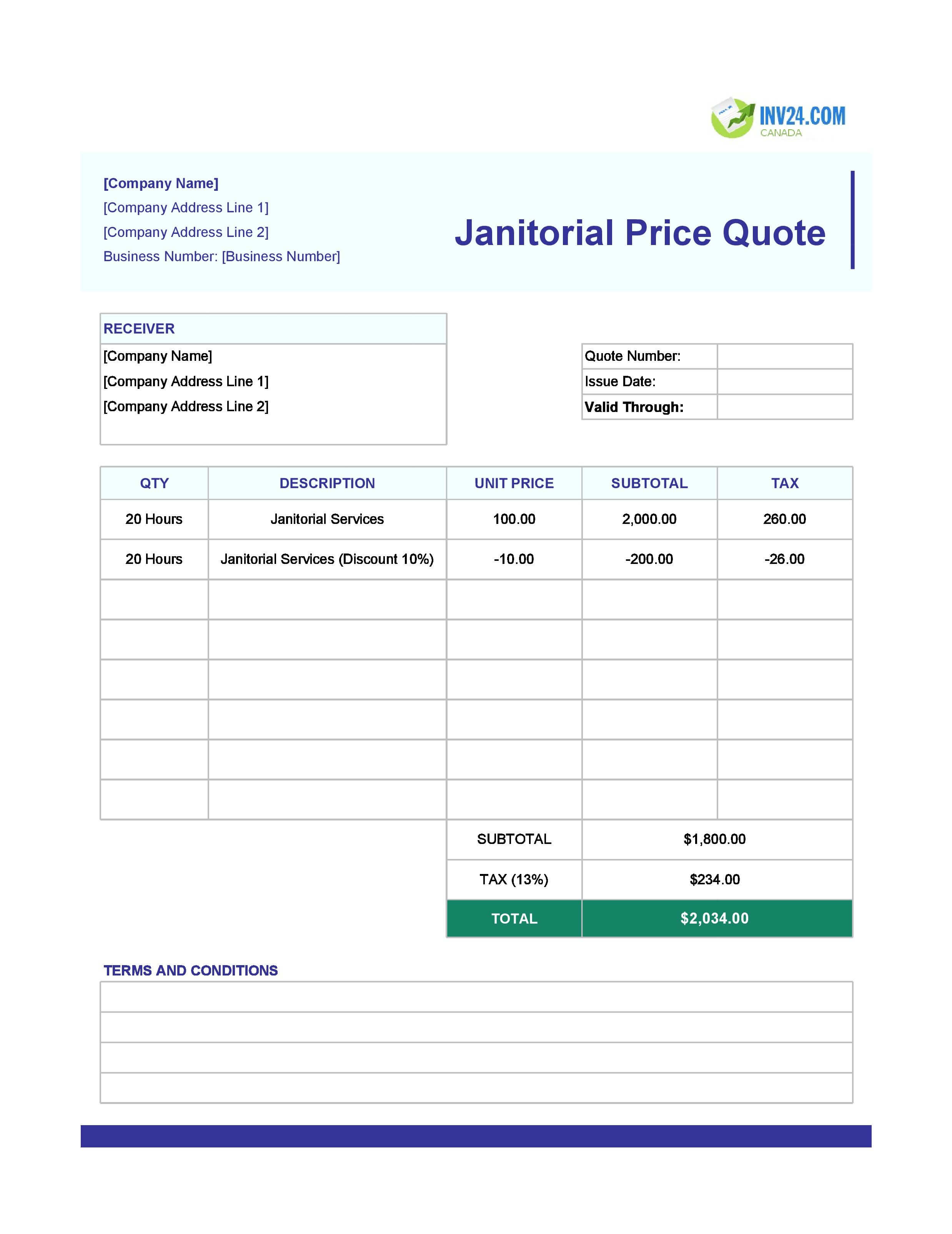 Janitorial Quote Template for Canada (Excel / Google Sheets)