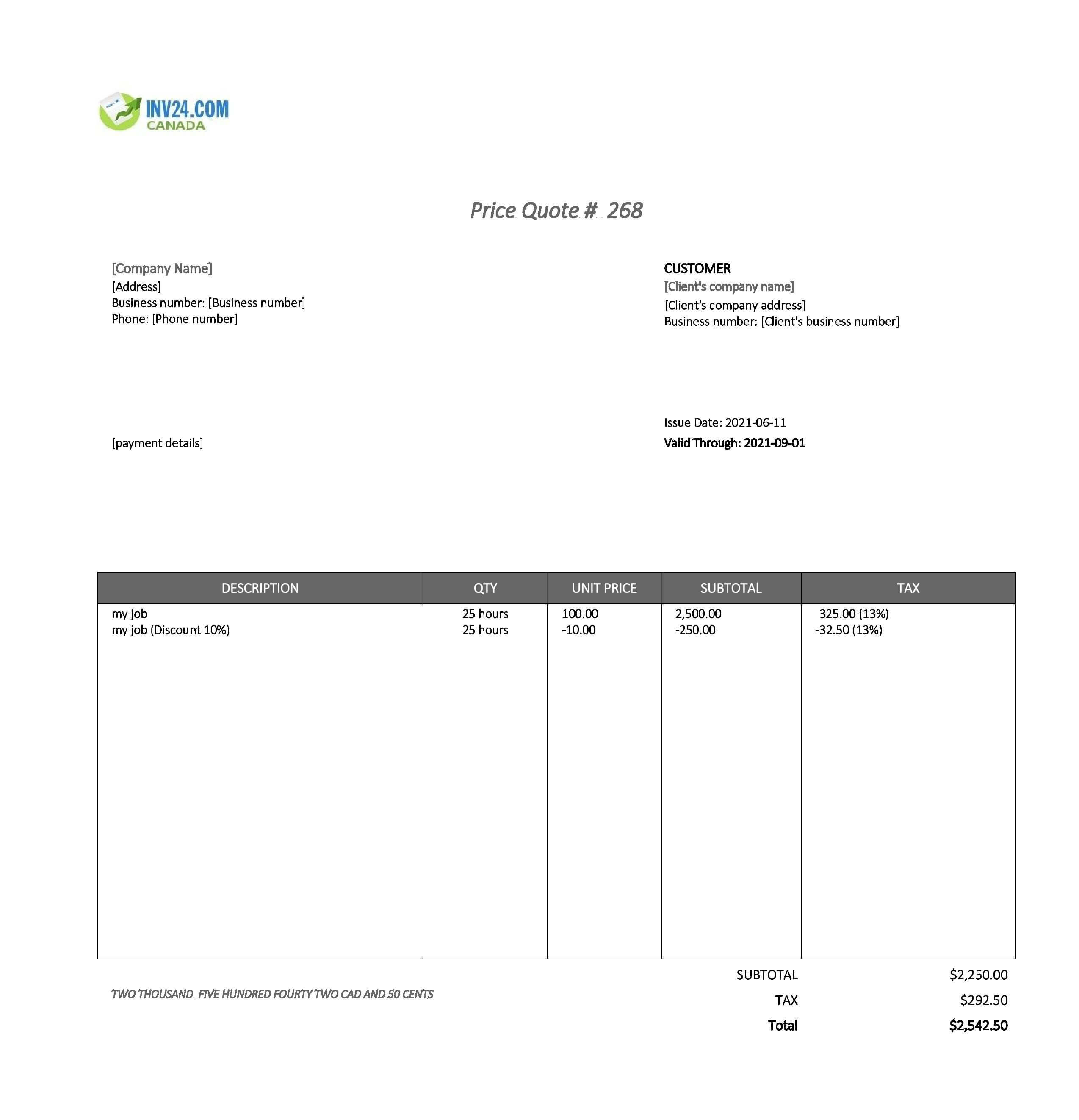 Job Quote Template Canada (Excel / Google Sheets)