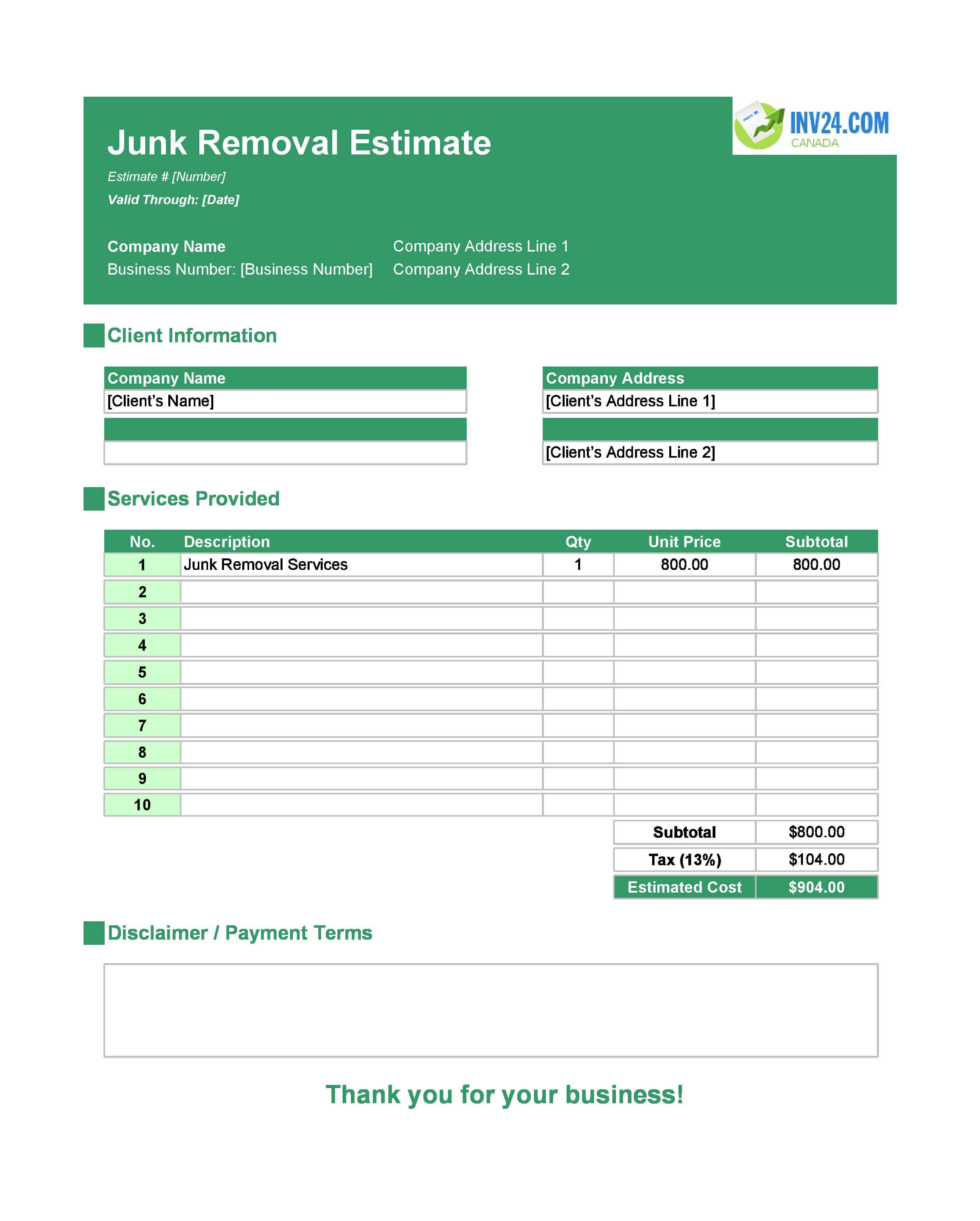 Junk Removal Estimate Template for Canada (Excel / Google Sheets)