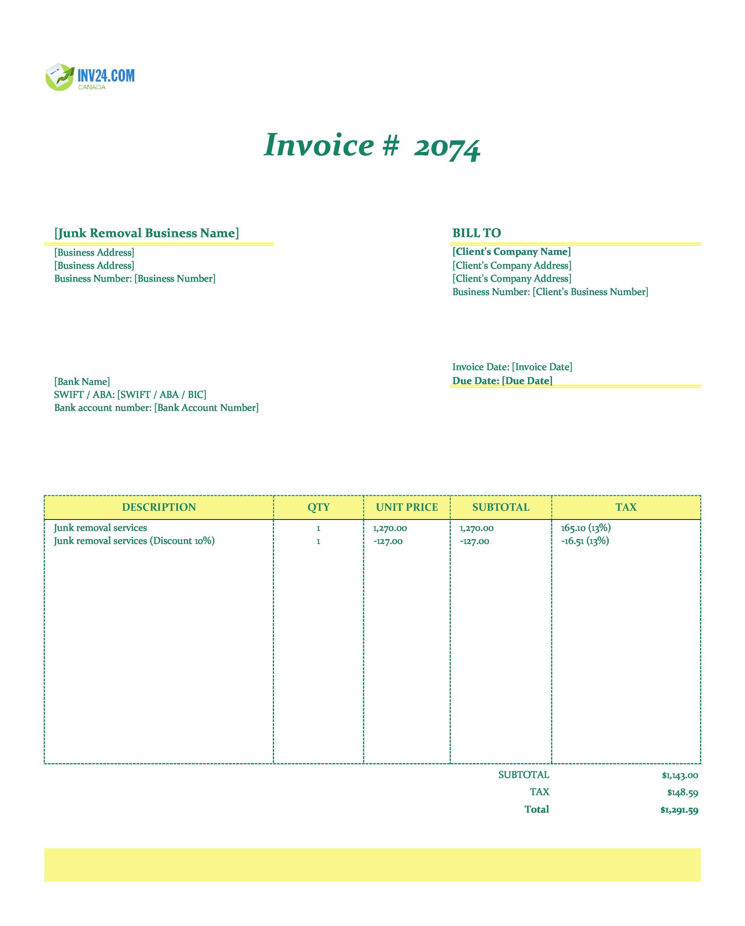 Junk Removal Invoice Template for Canada (Excel / Google Sheets)