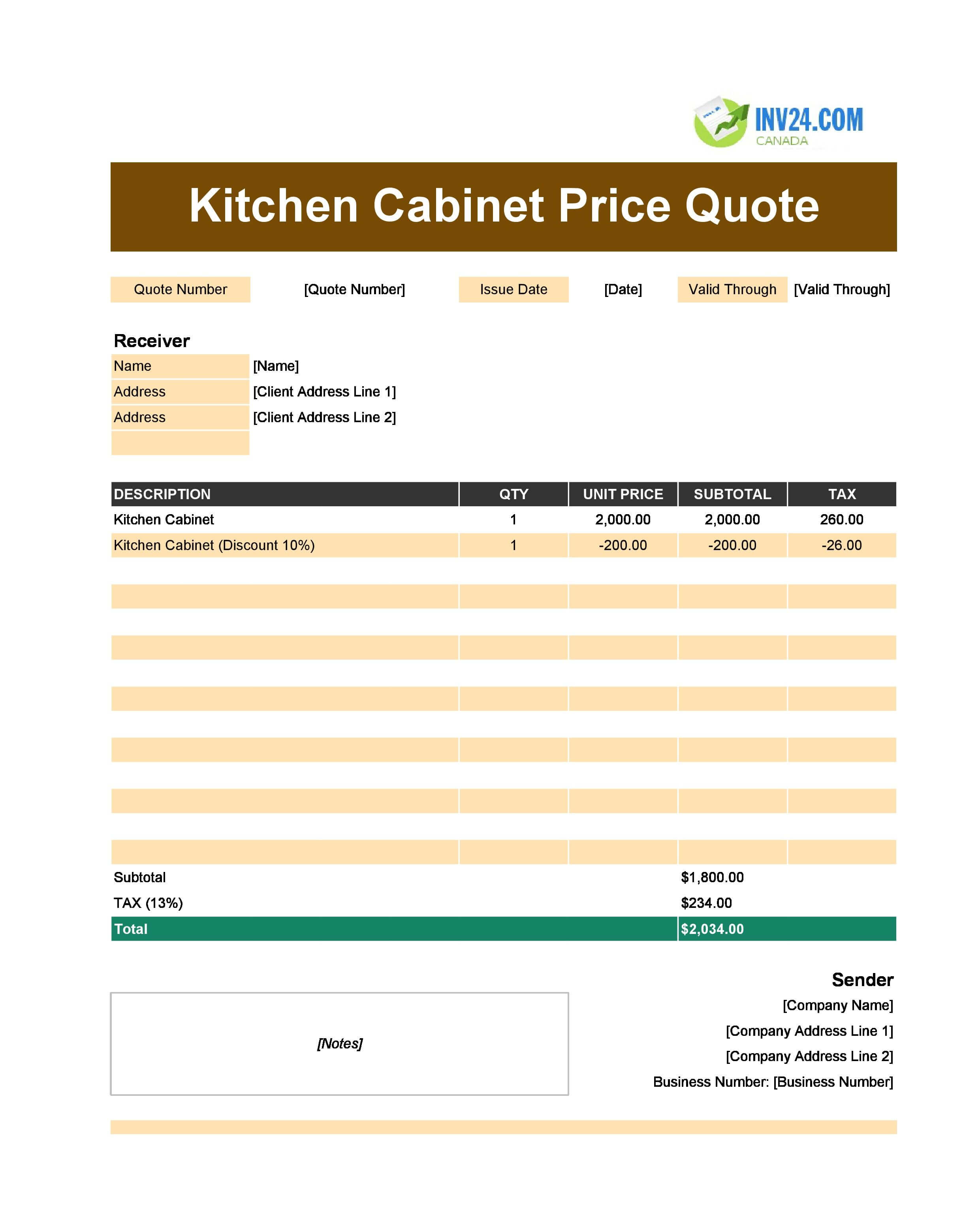 Kitchen Cabinet Quote Template for Canada (Excel / Google Sheets)
