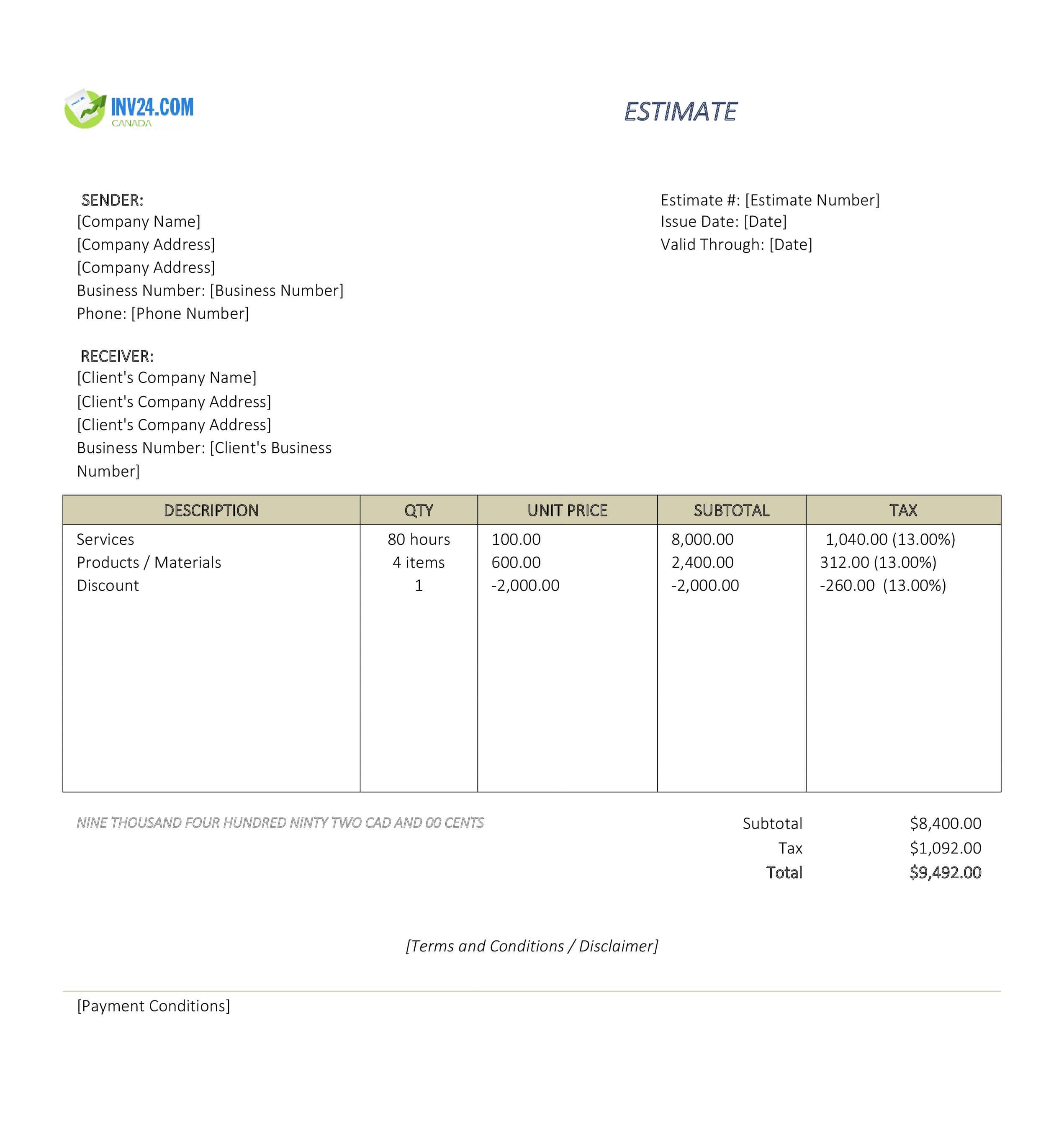 Labor Estimate Template for Canada (Excel / Google Sheets)