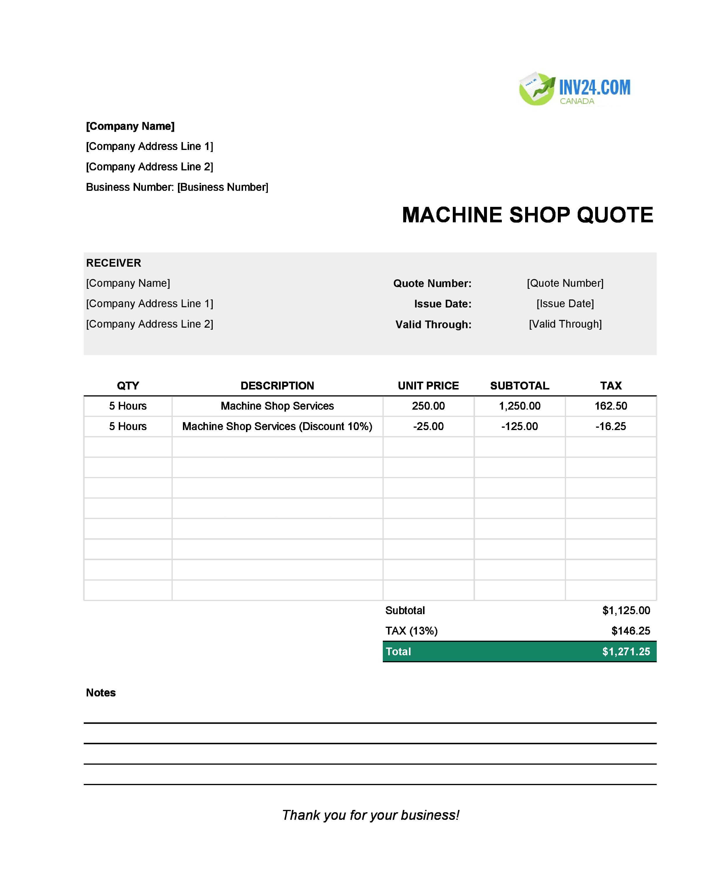 Machine Shop Quote Template for Canada (Excel / Google Sheets)