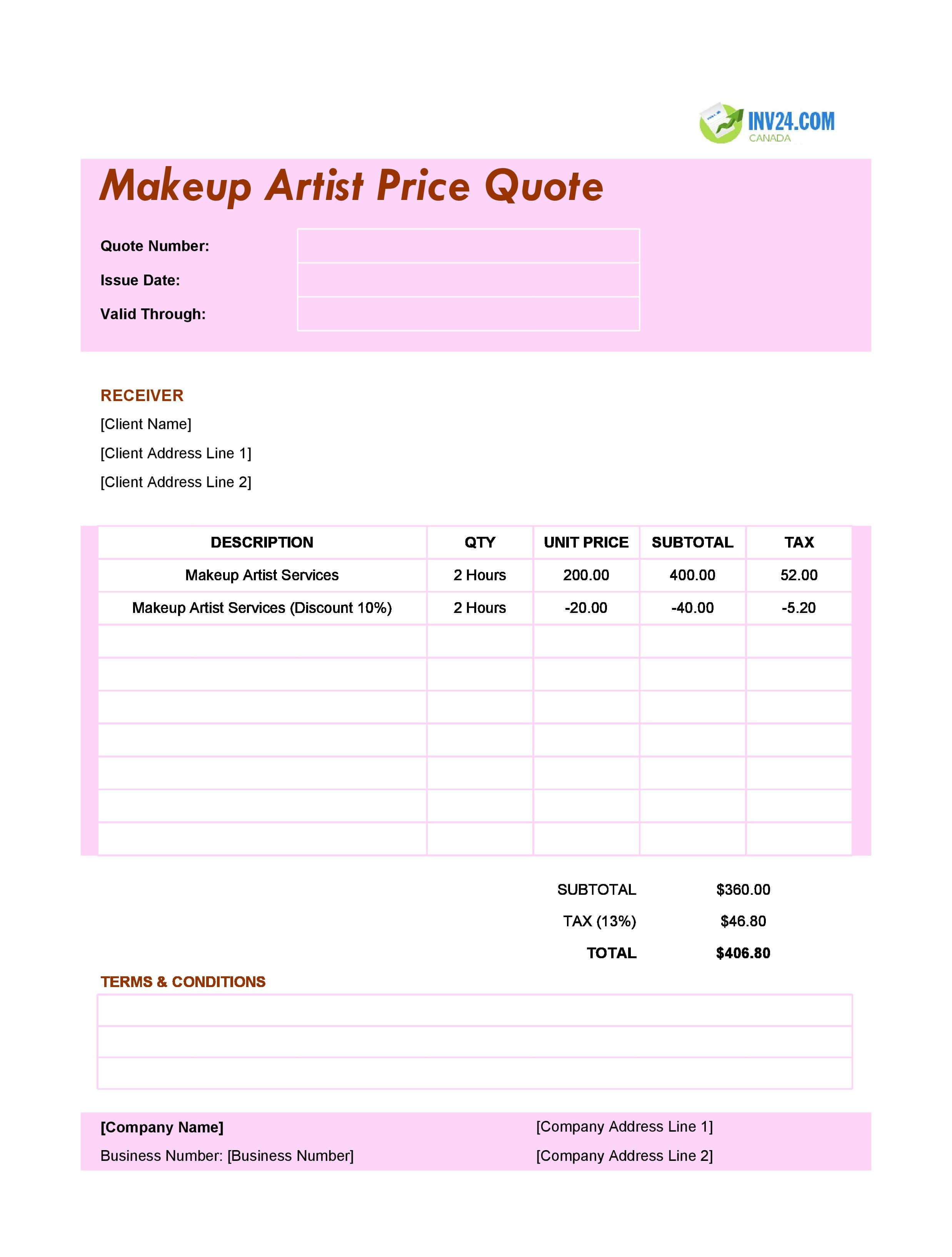 Makeup Artist Quote Template for Canada (Excel / Google Sheets)