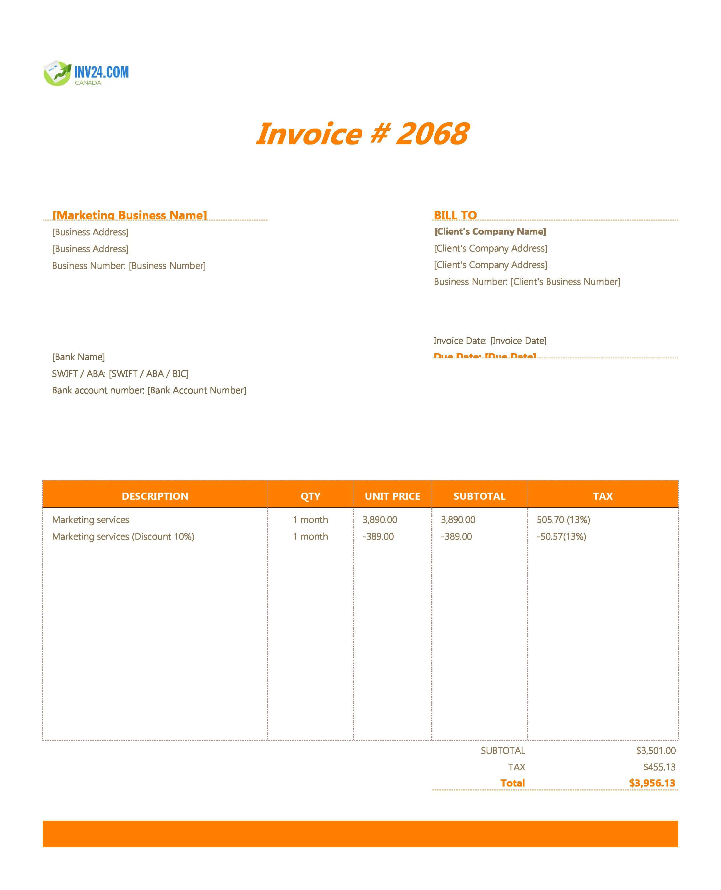 Marketing Invoice Template for Canada (Excel / Google Sheets)