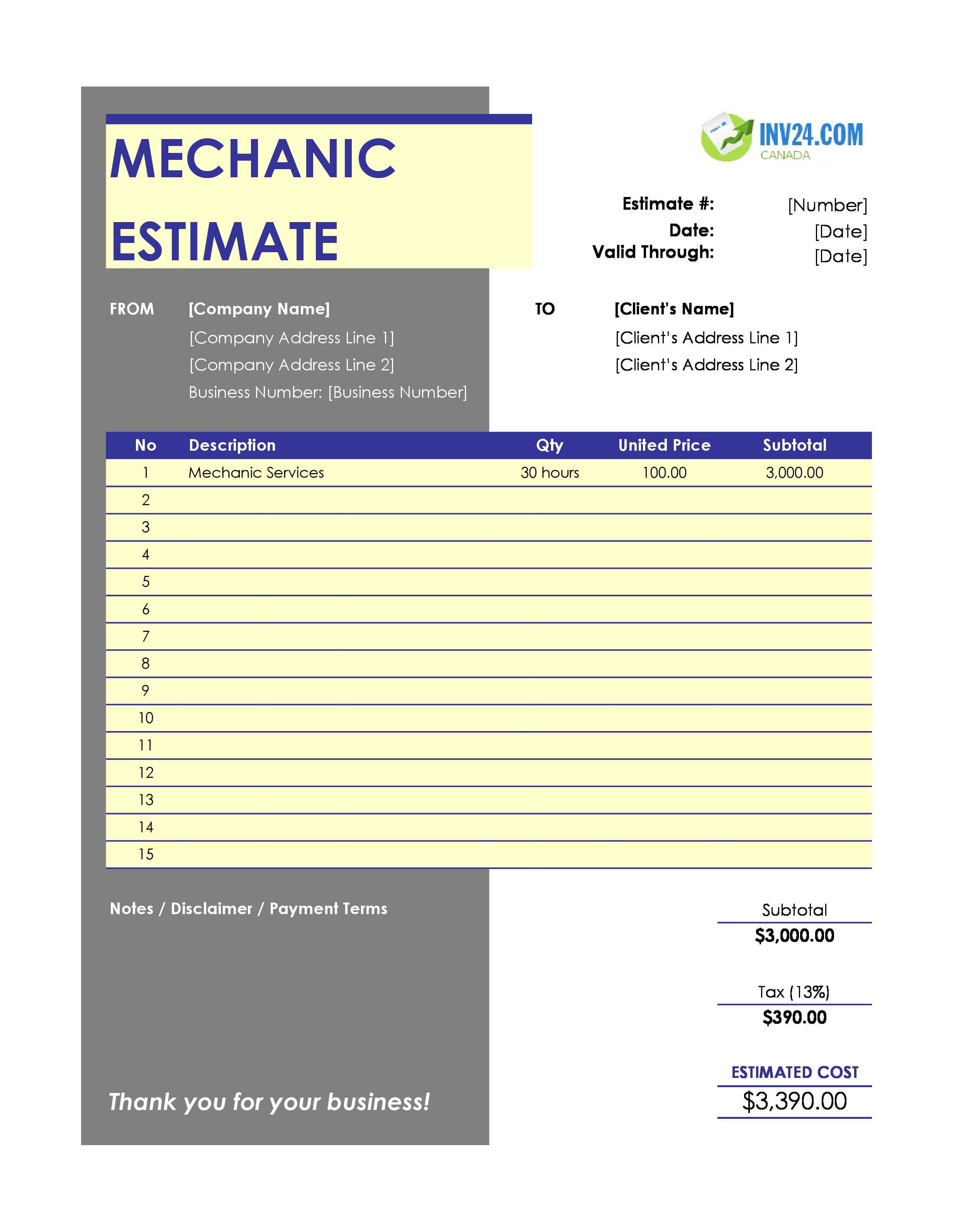 Mechanic Estimate Template for Canada (Excel / Google Sheets)