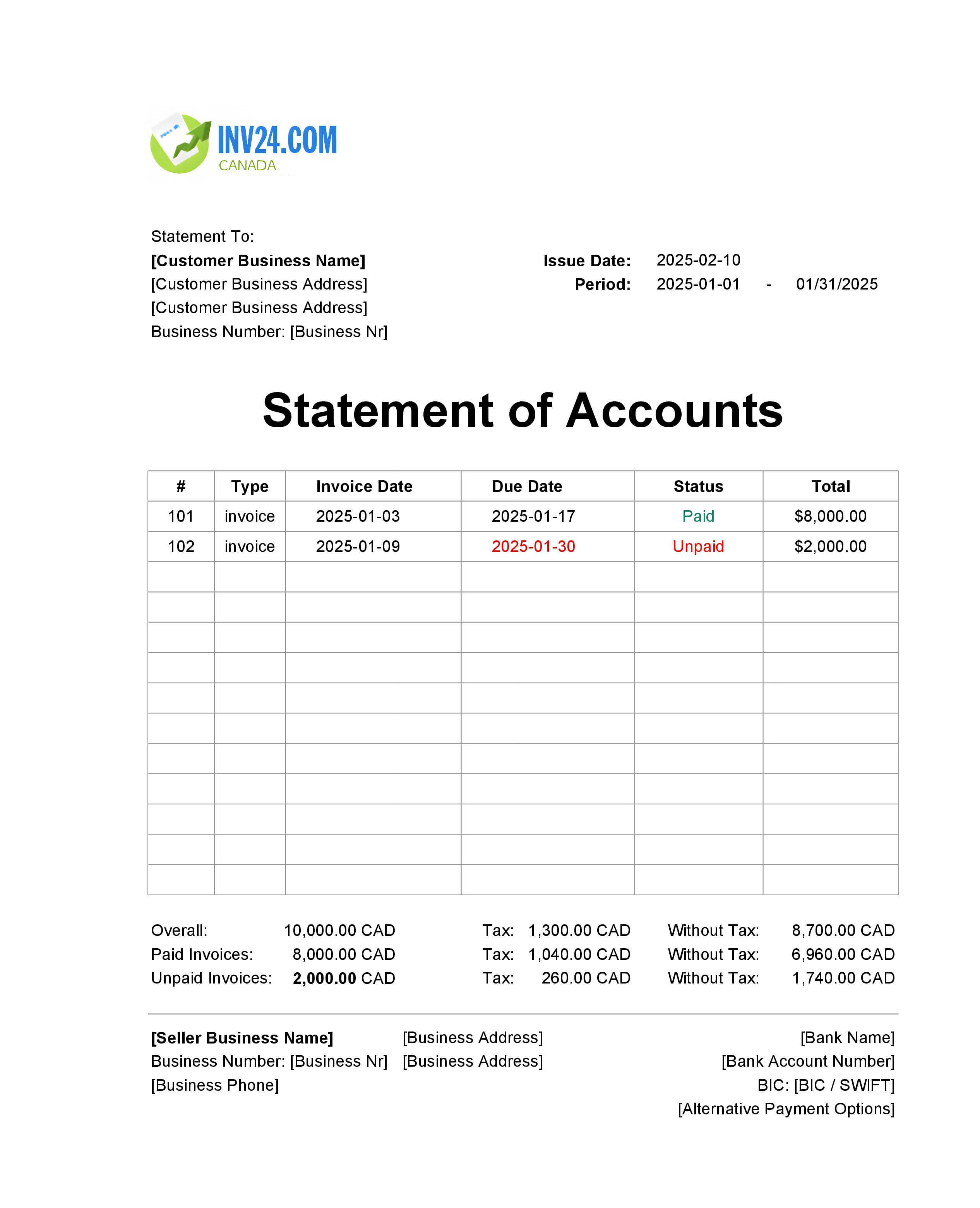Monthly Statement of Accounts Template Canada (Excel / Google Sheets)