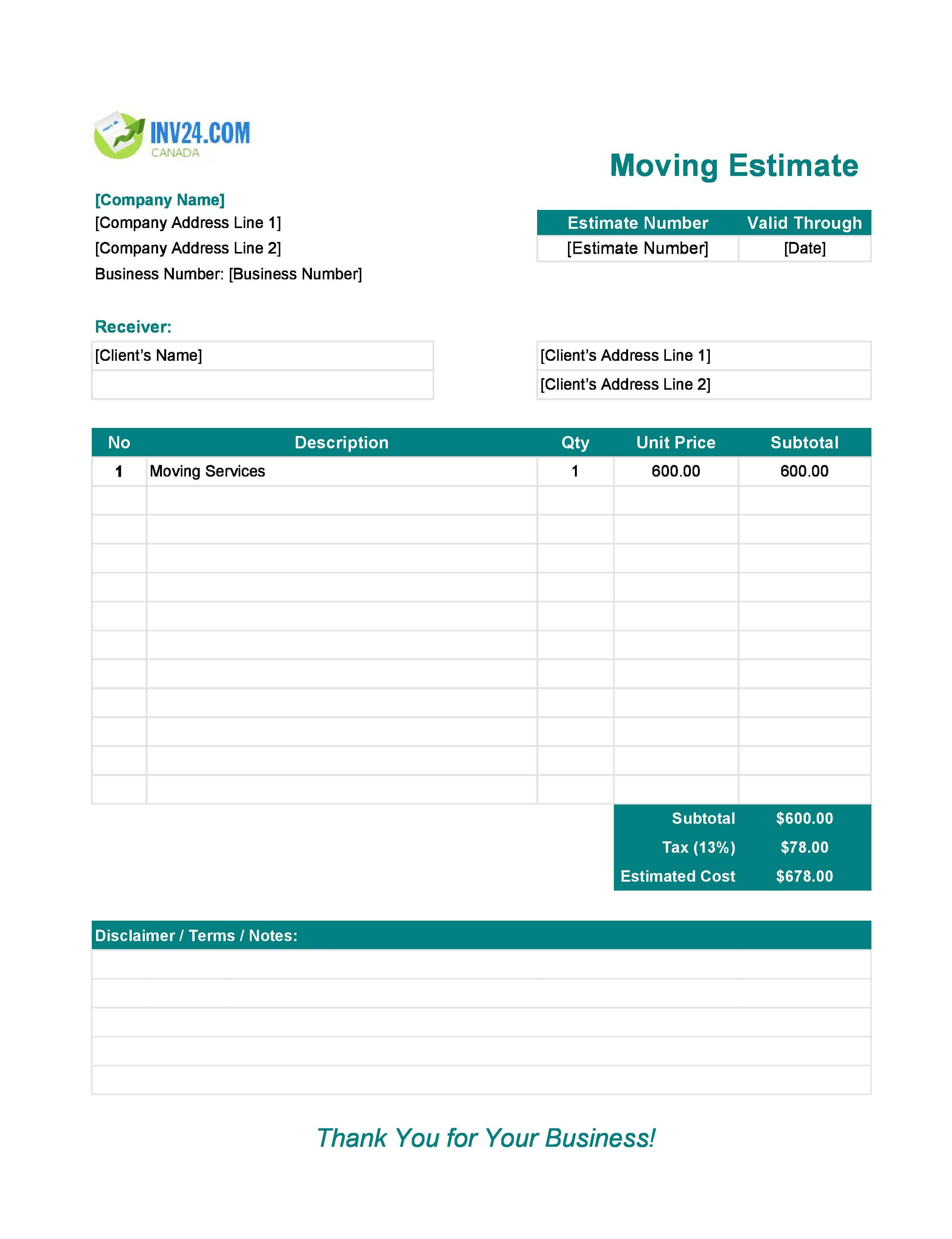 Moving Estimate Template for Canada (Excel / Google Sheets)