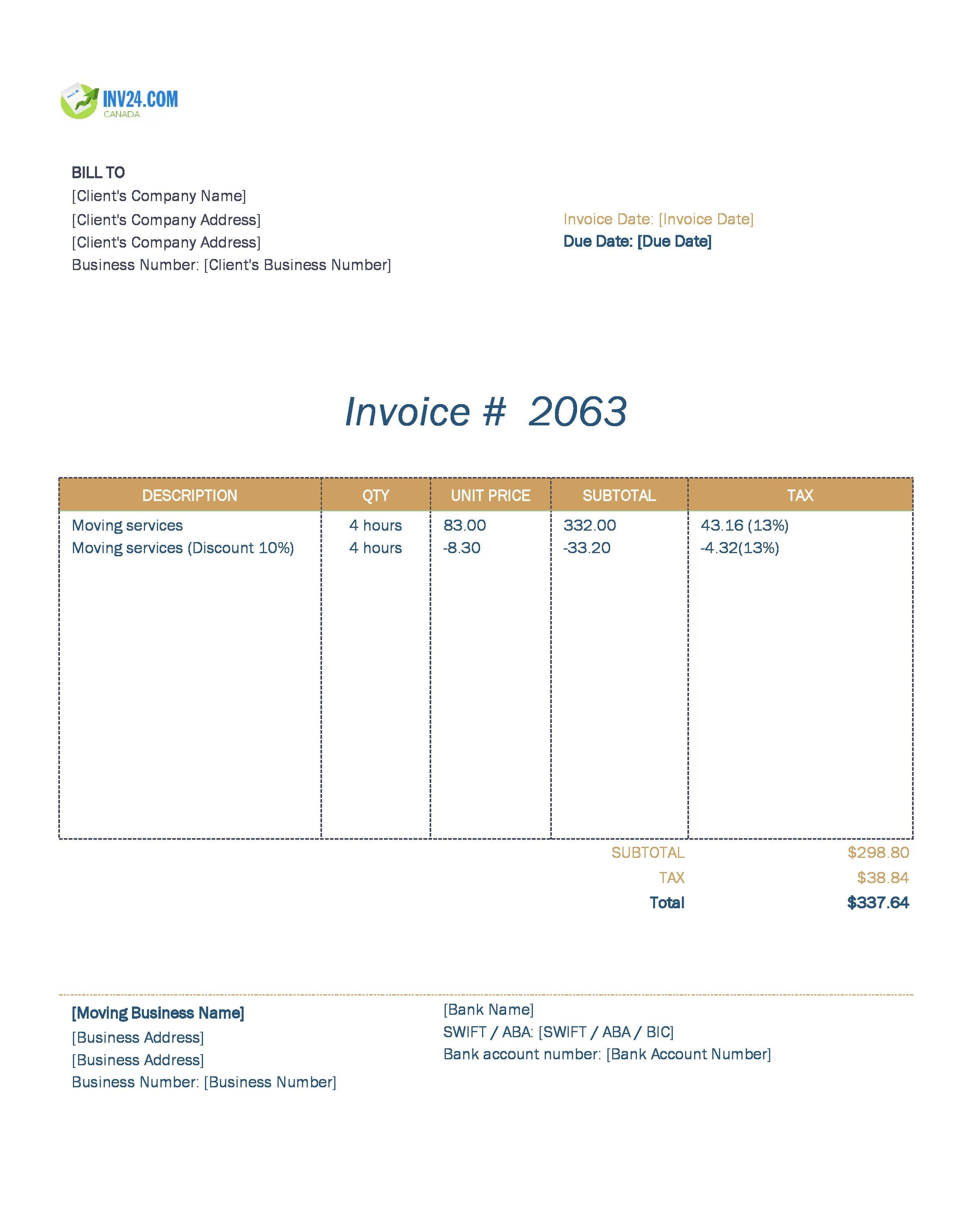 Moving Invoice Template for Canada (Excel / Google Sheets)