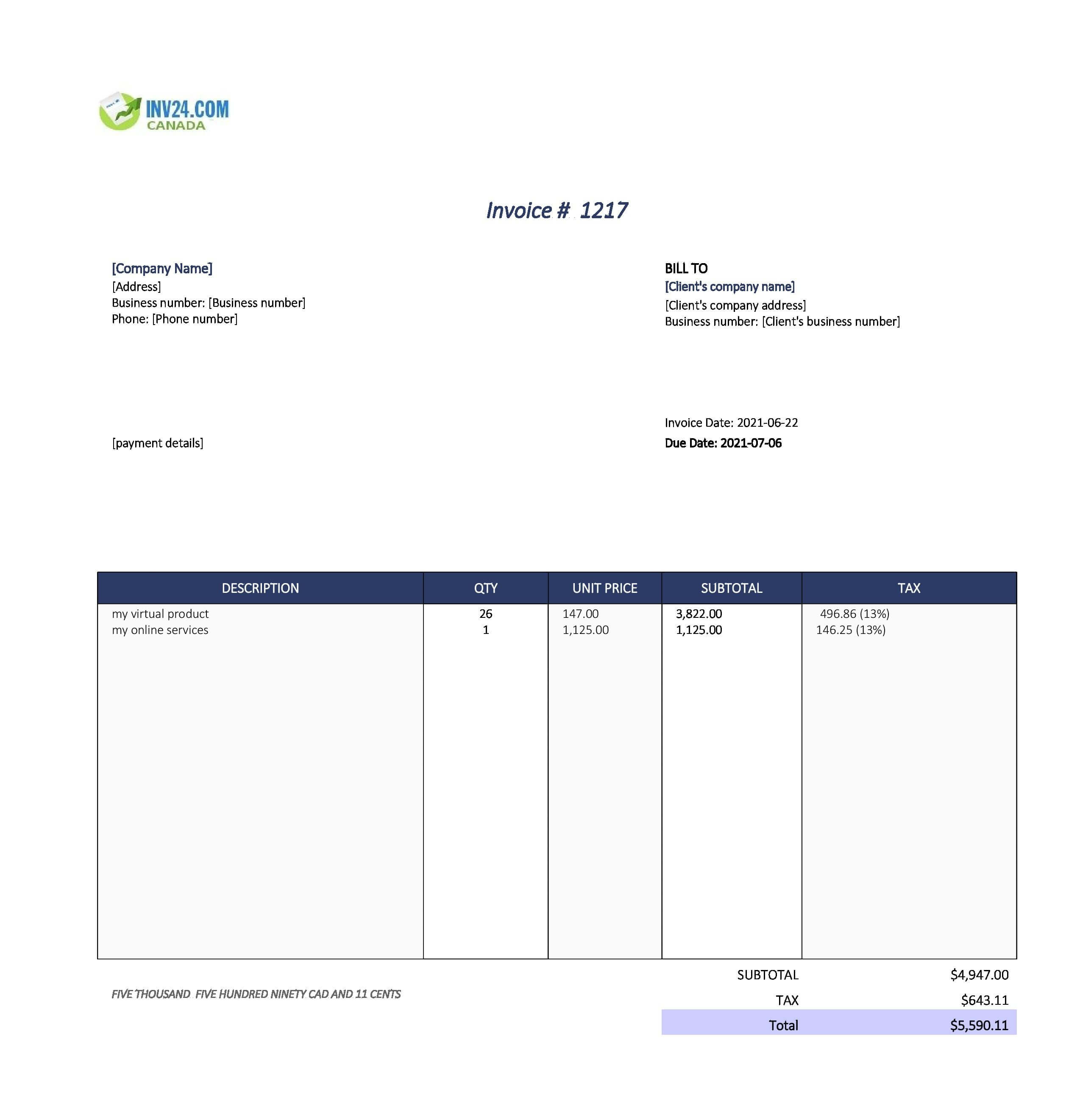 Online Invoice Template Canada (Excel / Google Sheets)