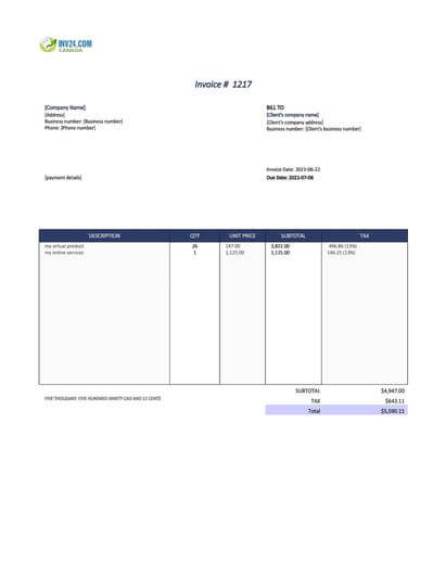 Online Invoice Template Canada Excel 