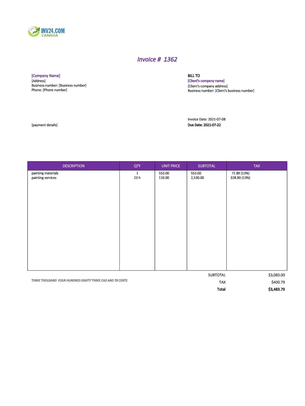 painting invoice template canada excel
