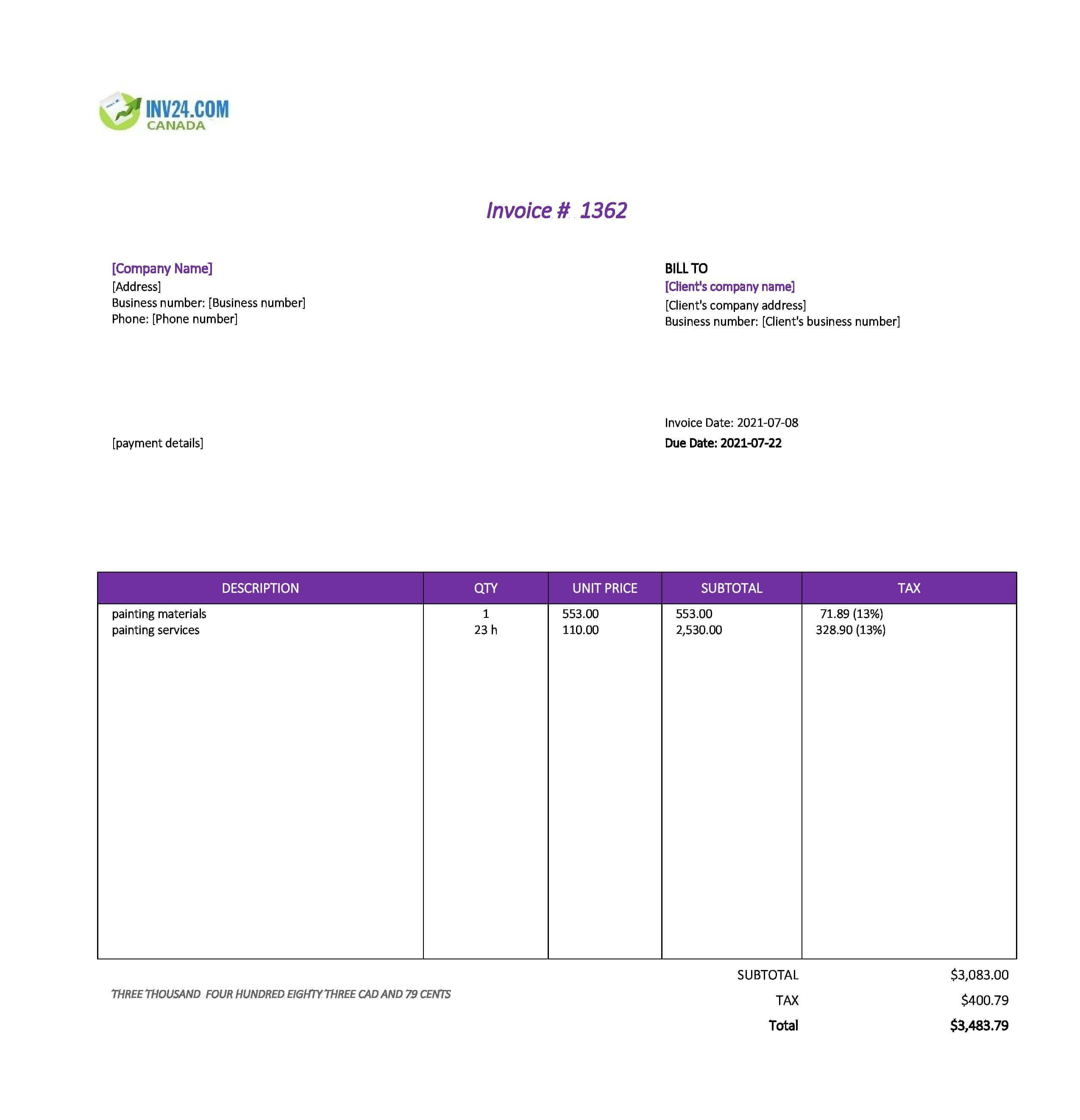 Painting Invoice Template Canada (Excel / Google Sheets)